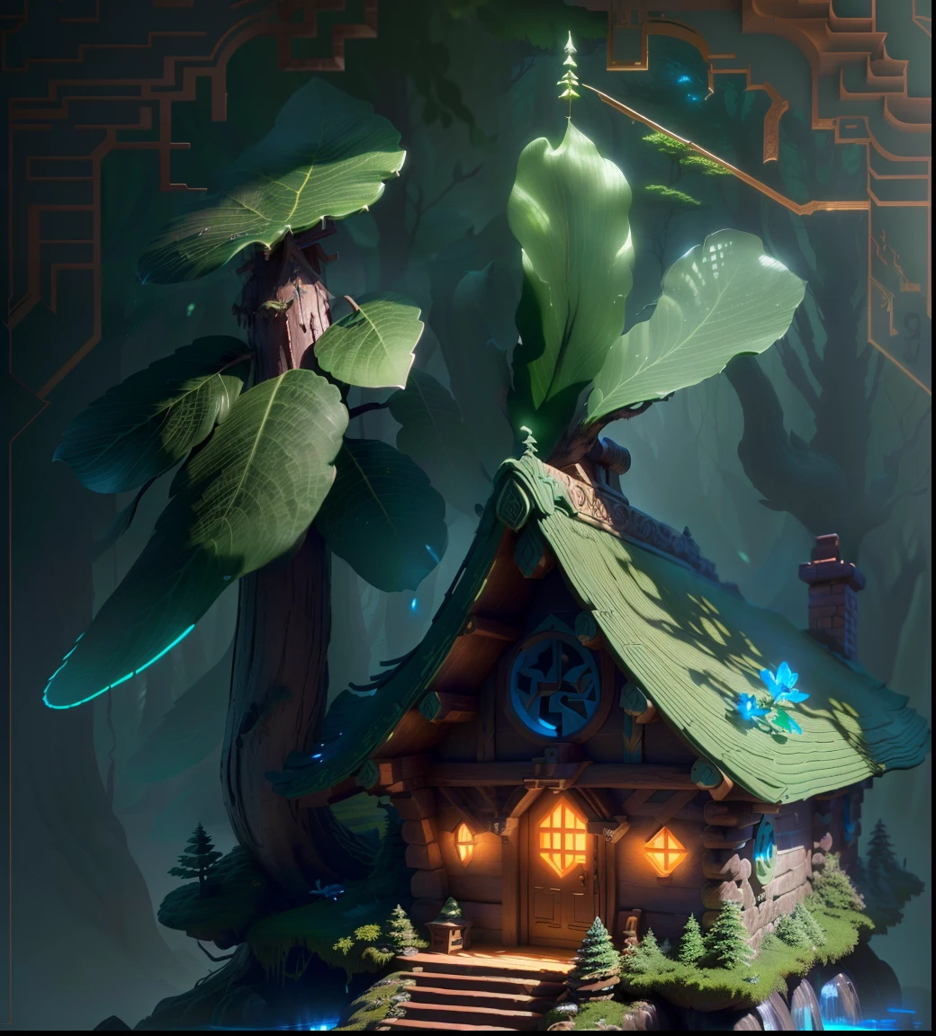 masterpiece, best quality, (extremely detailed CG unit 8k wallpaper), (best quality), (best illustration), (best shadow), a silent (elf house) in the deep forest, with a predominantly ( cool color tone), 3D isometric, octane rendering, ray tracing, ultra detailed, volumetric light, art station trending