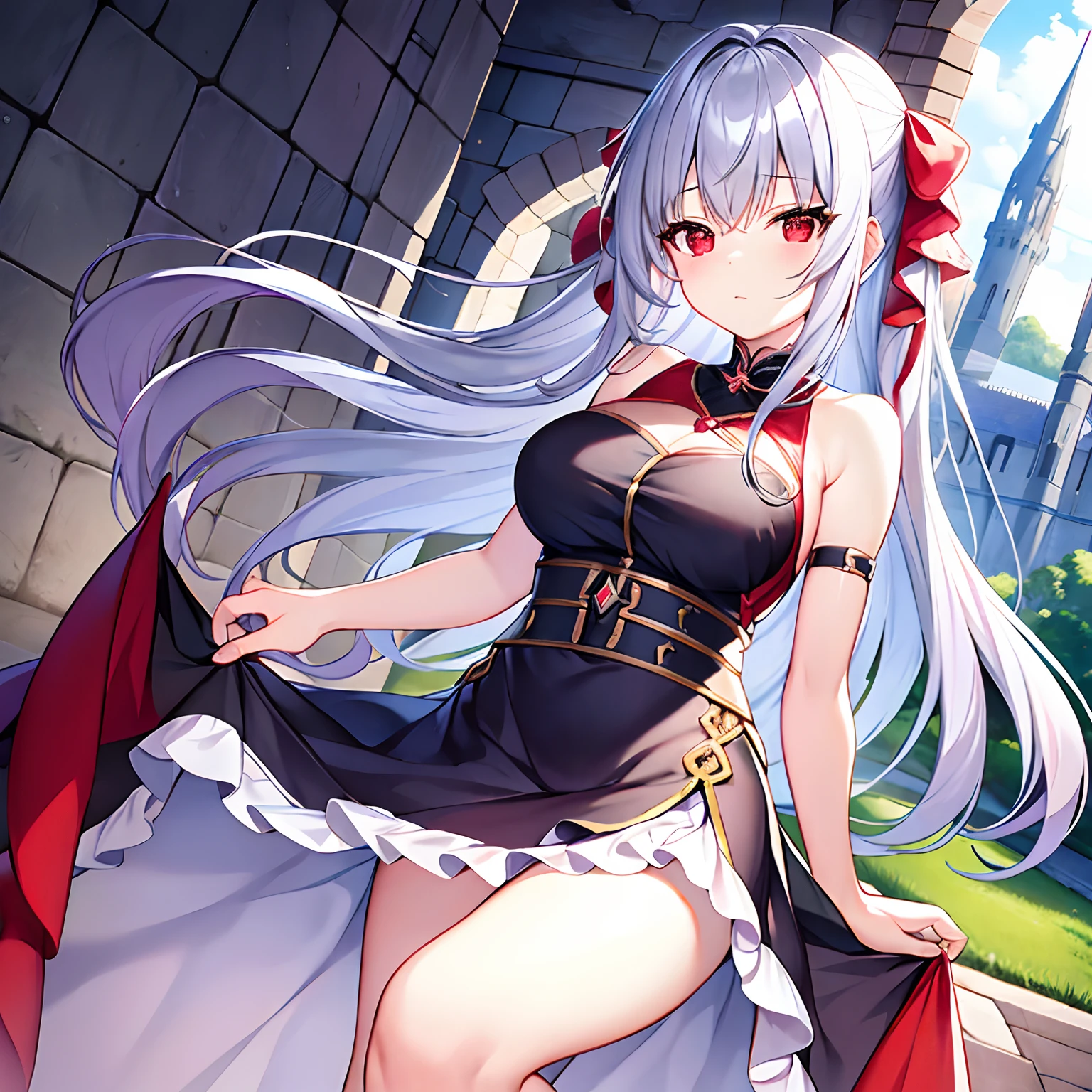 1girl,solo,(gold witch:1.4),(cowboy shot),standing,(white hair:1.6),long hair,(straight hair:1.2),forehead,center part,(purple eyes:1.4),(beautiful fingers:1.4),(perfect :1.4),(arms_behind_back:1.6),(cold_shoulder:1.4),BREAK,(red china clothes:1.6),(leather lace glossy silk lamé:1.6),(latex luster shiny glossy metallic:1.6),(shiny_clothes:1.6),(:1.2),beautiful breasts,masterpiece,best quality,(Ultra high definition eyes:1.2),8k,(Beautiful detailed eyes:1.2),(Fine and beautiful eyes:1.2),(pretty eyes:1.2),finely detail,extremely CG, absurdres,high resolution,illustration,Detailed and beautiful outlines,finely detail,high resolution,(colorful refraction:1.4,Increase saturation:1.2),beautiful lighting,dynamic lighting,closed room,black background,simple background, smile,looking at viewer,Ro Christus,(red capelet),(red garter belt:1.4),(white Clear PVC sheets skirt:1.6),(sheer skirt:1.6),(see-through skirt:1.6),(open skirt:1.4),(red thigh-high socks:1.6)