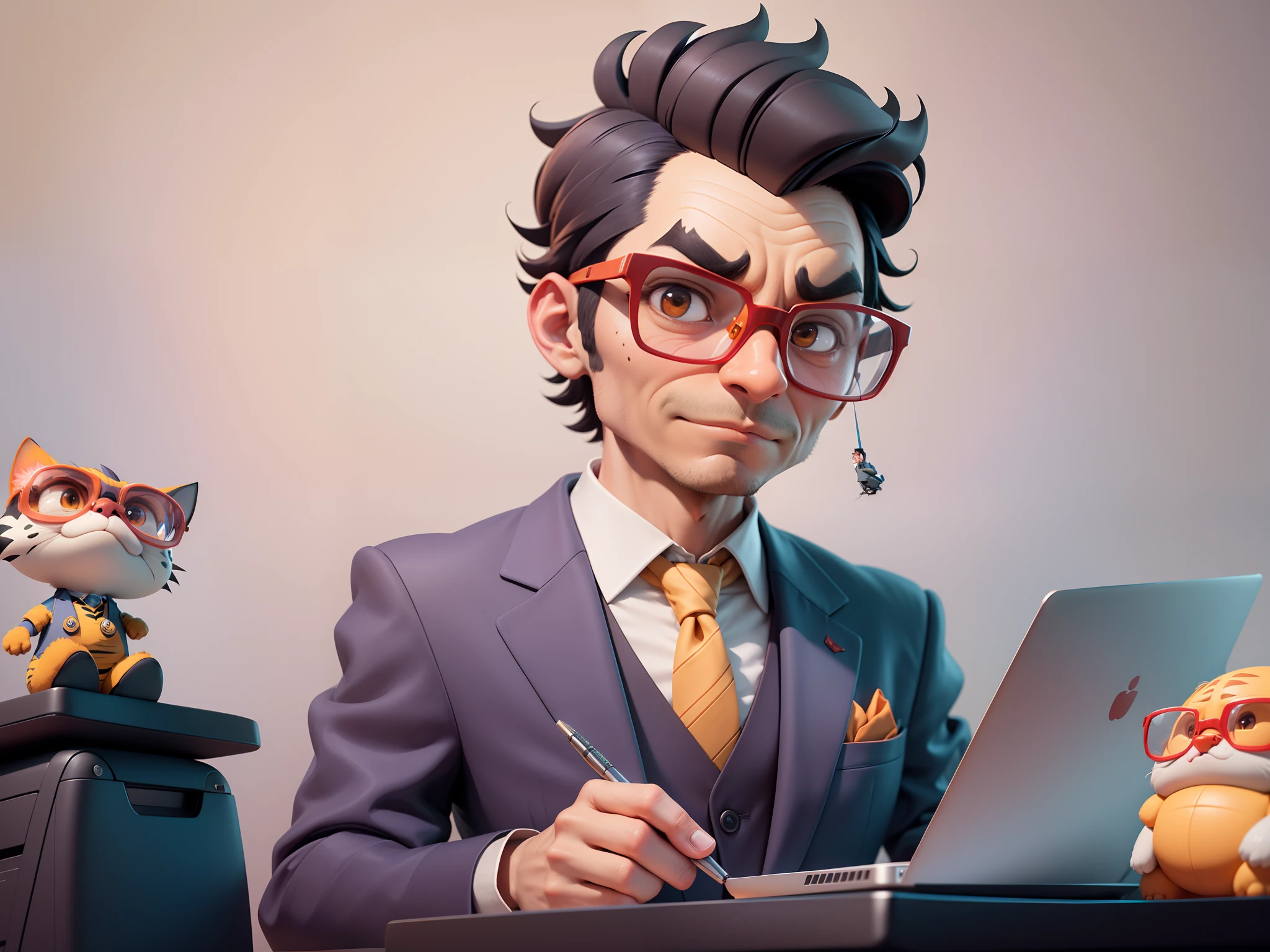 A young man in a suit, Short hair and glasses sat at his desk，holding laptop，digitial painting，tigre，3D character design by Mark Clairen and Pixar and Hayao Miyazaki and Akira Toriyama，4K HD illustration，Very detailed facial features and cartoon-style visuals。