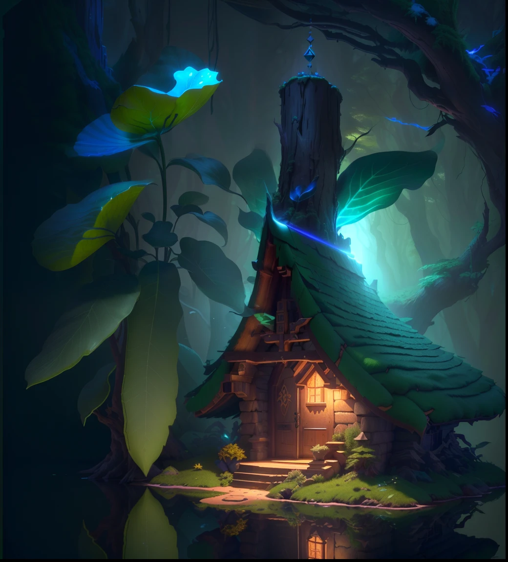 masterpiece, best quality, (extremely detailed CG unit 8k wallpaper), (best quality), (best illustration), (best shadow), a silent (elf house) in the deep forest, with a predominantly ( cool color tone), 3D isometric, octane rendering, ray tracing, ultra detailed, volumetric light, art station trending