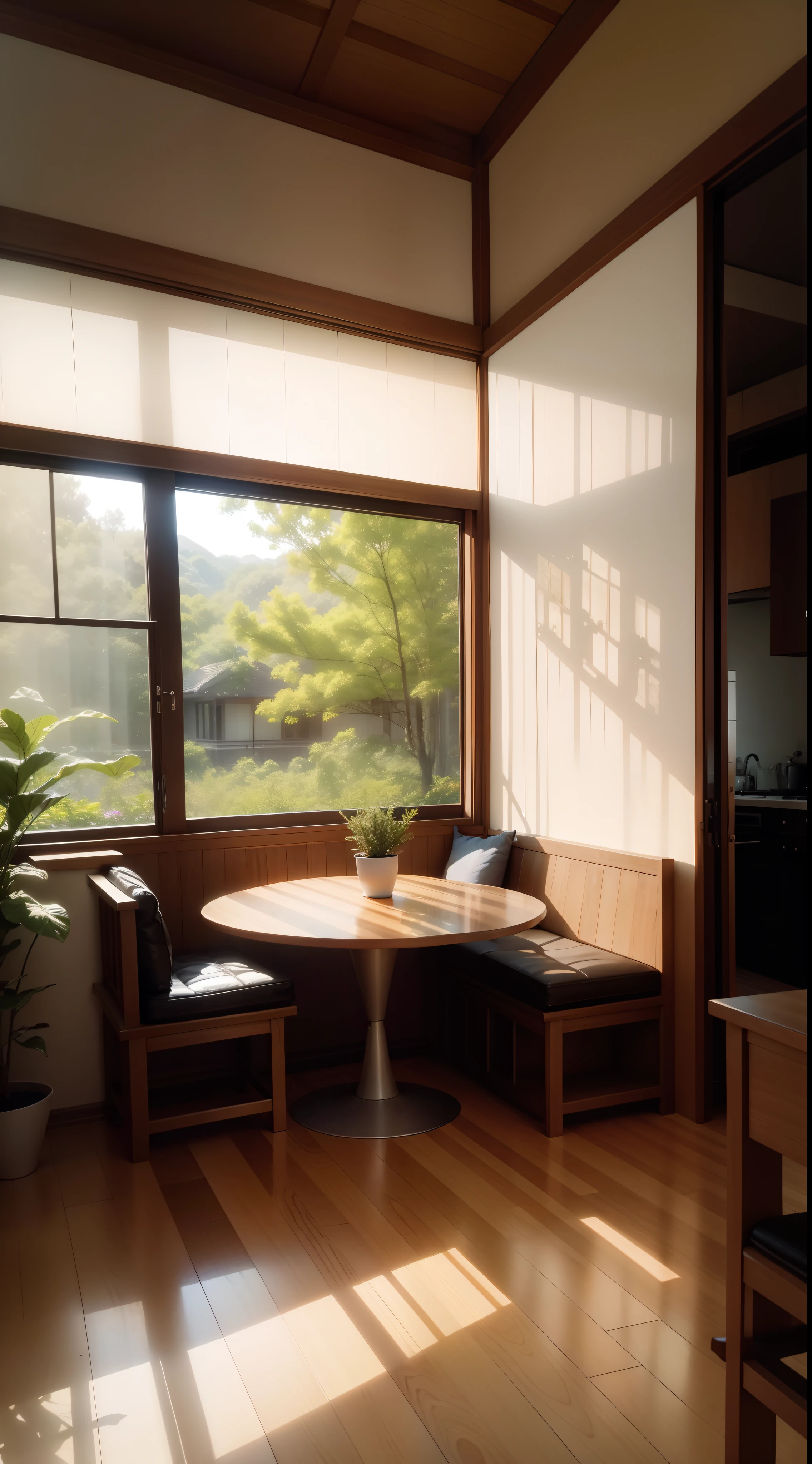 interior design、Insanely detailed wide-angle architectural photo、Cozy contemporary living room、(Bright and warm sunlight 1:0.1)、Award-winning contemporary interior design、landscapes、The table、a chair、in a house、Wooden flooring、window、resturant、east asian east asian architecture、sliding paper doors、abajour、architectural、the woods、naturey、cups、a plant、interior design、Insert lighting and shadows、depth of fields、low illuminance