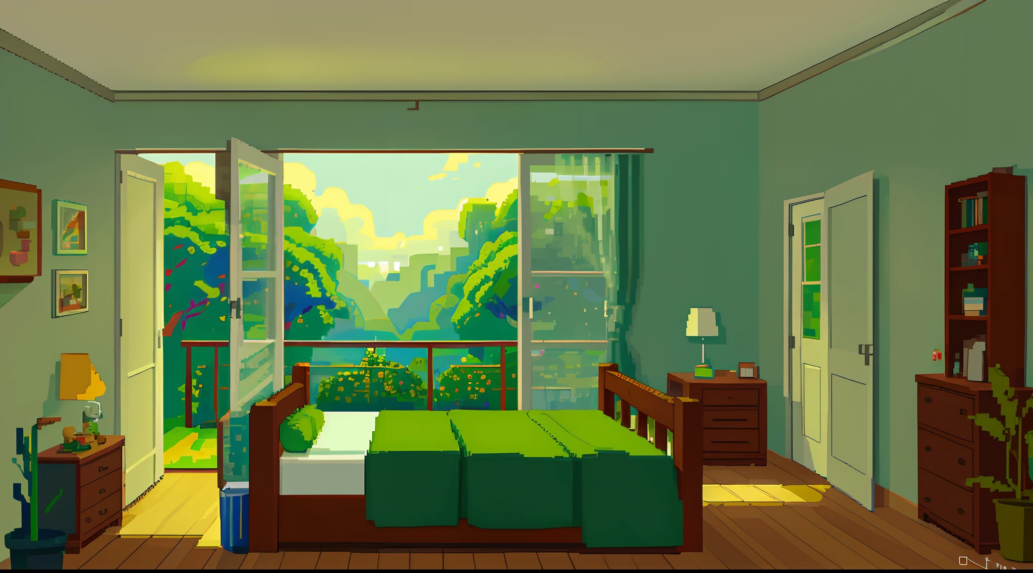 Girl's room,girlyfeeling,muted pastel colors,Greenery,Beds,teens girl,pixelart,lofi,Particle