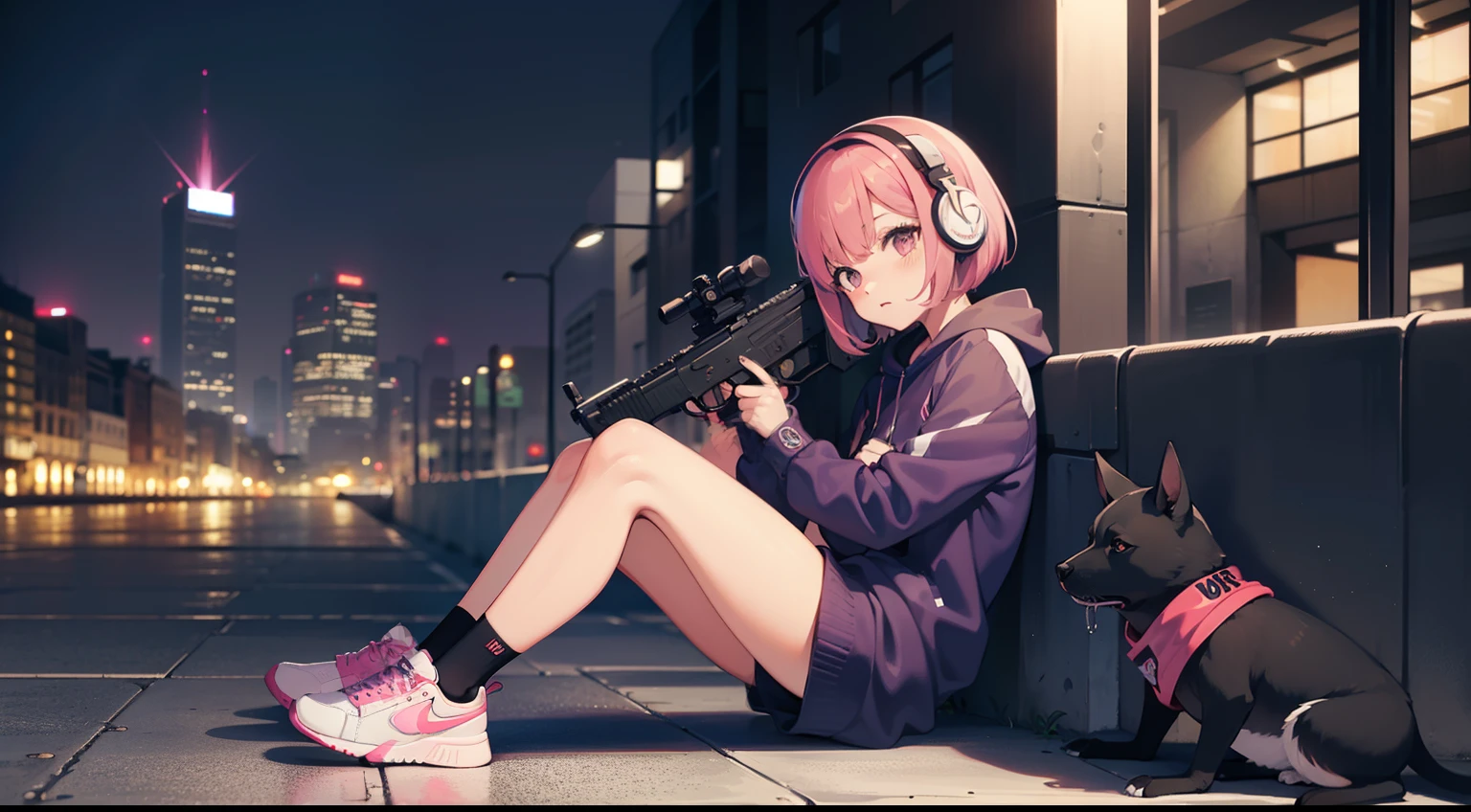 (masutepiece),(Best Quality),(Ultra-detailed), (Full body: 1.2), Cute,(city), Listening to music (Kangaroo sweatshirt) Purple and (Nike sneakers) , (arms  cuffs),A pink-haired,a short bob,(Holding a finely drawn automatic rifle in his right hand),girl with１a person,Black dog cuddling,