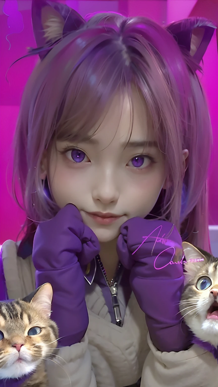 there is a girl with a cat and a cat in the background, cl, with glowing purple eyes, ahegao, catgirl, anime catgirl, seraphine ahri kda, purple cat, with vivid purple eyes, ahegao face, very beautiful cute catgirl, anime style mixed with fujifilm, violet eyes, anime cat, portrait jisoo blackpink