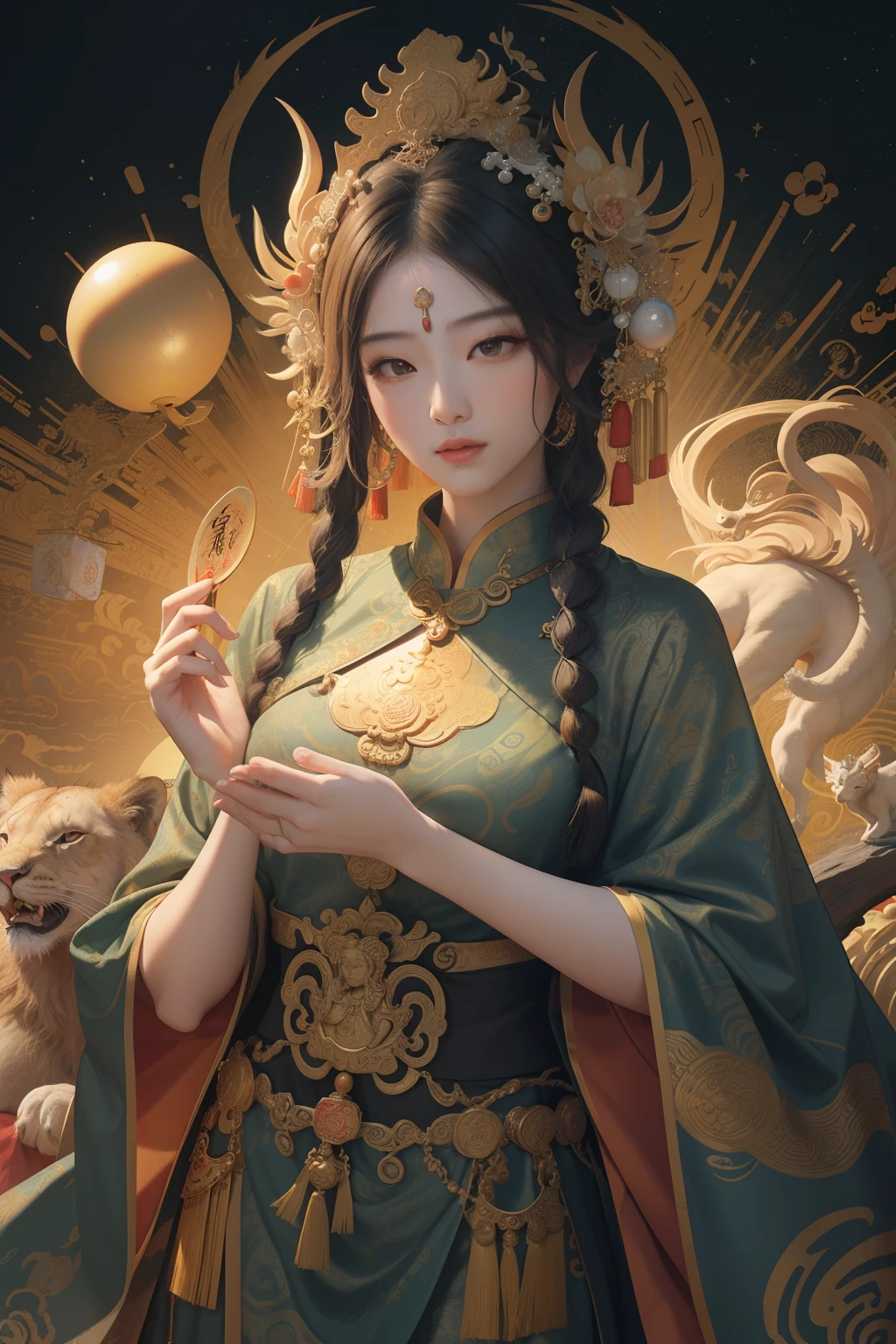 an ancient Chinese goddess, guanyin of the southern seas, Guanyin, Inspired by China, Avalokiteshvara rides a dragon，,Serene expression,shui mo hua,Buddha,Buddhist,Lotus,Chinese painting style,Thangka style