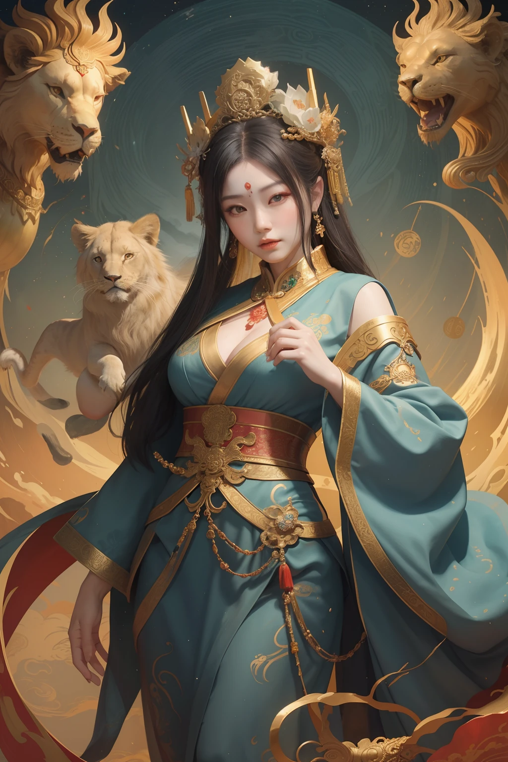 an ancient Chinese goddess, guanyin of the southern seas, Guanyin, Inspired by China, Avalokiteshvara rides a lion,,Serene expression,shui mo hua,Buddha,Buddhist,Lotus,Chinese painting style,Thangka style