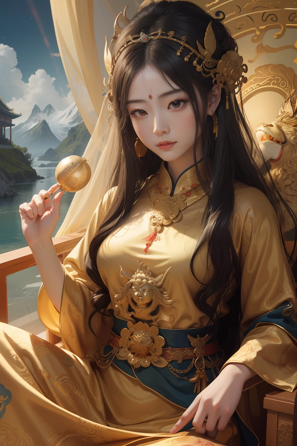 an ancient Chinese goddess, guanyin of the southern seas, Guanyin, Inspired by China, Avalokiteshvara rides a lion,,Serene expression,shui mo hua,Buddha,Buddhist,Lotus,Chinese painting style,Thangka style