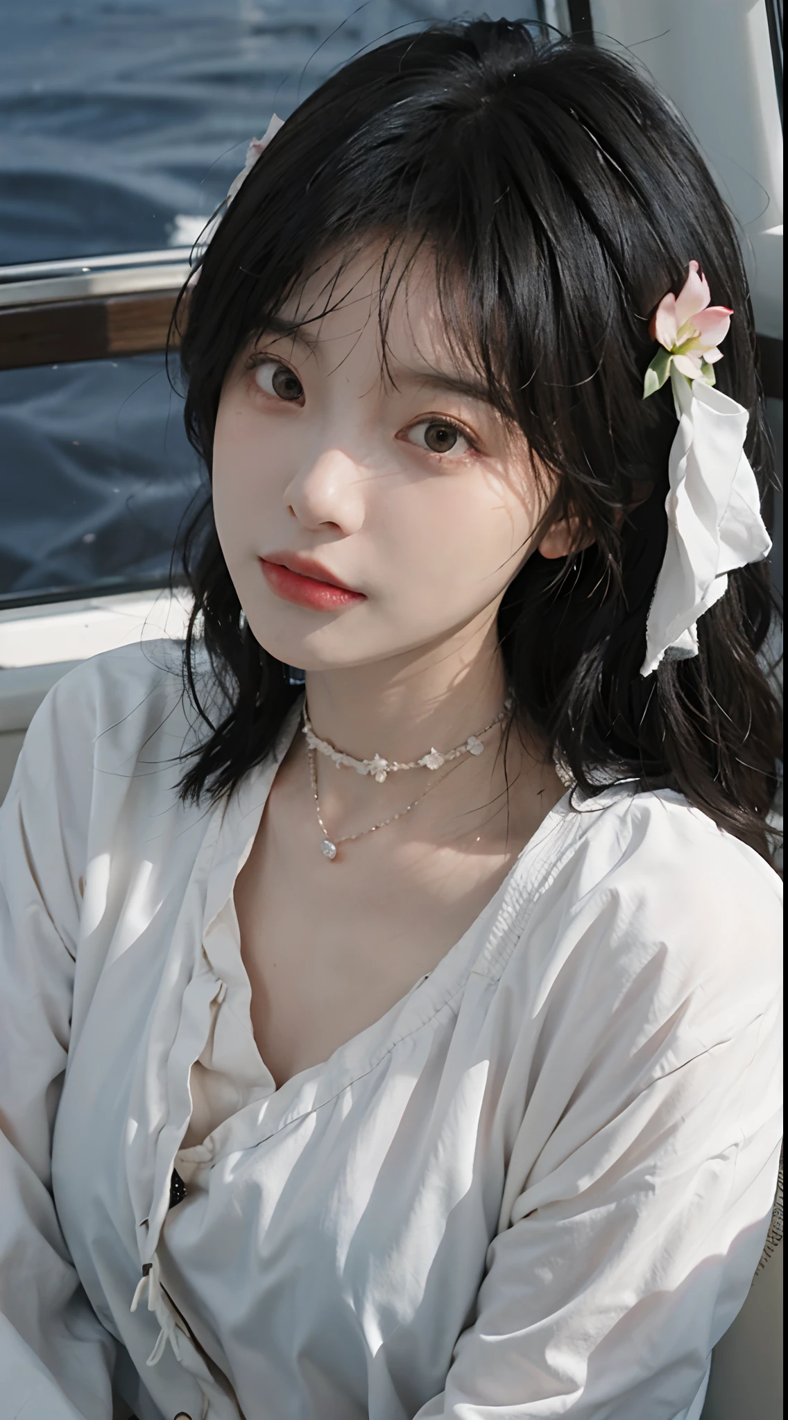 best qualtiy,tmasterpiece,超高分辨率,(realisticlying:1.4),2girls,Large wavy curls,二重まぶた,A pair of peach blossom eyes,Snow-white cotton coat,Pure,choker necklace,adolable,Snow-white translucent skin,head straight-looking at viewer,On the yacht,Full of atmosphere,hair pin:1.4,(The upper part of the body:1.4),