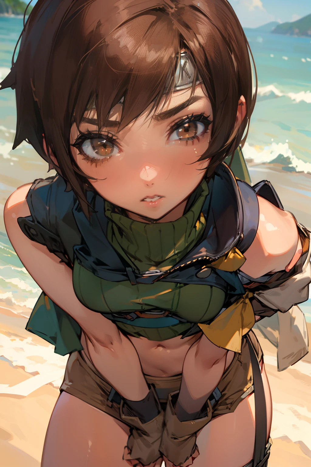 Yuffie_Kisaragi_01 Girls,  Brown eyes, Short hair, head band, Brown hair, sleeveless turtleneck, croptop, Beach, enraptured,be shy, Parted lips,((Close Up Shot:1.33)),Looking at Viewer, Slouched, Fold your hands behind your hips