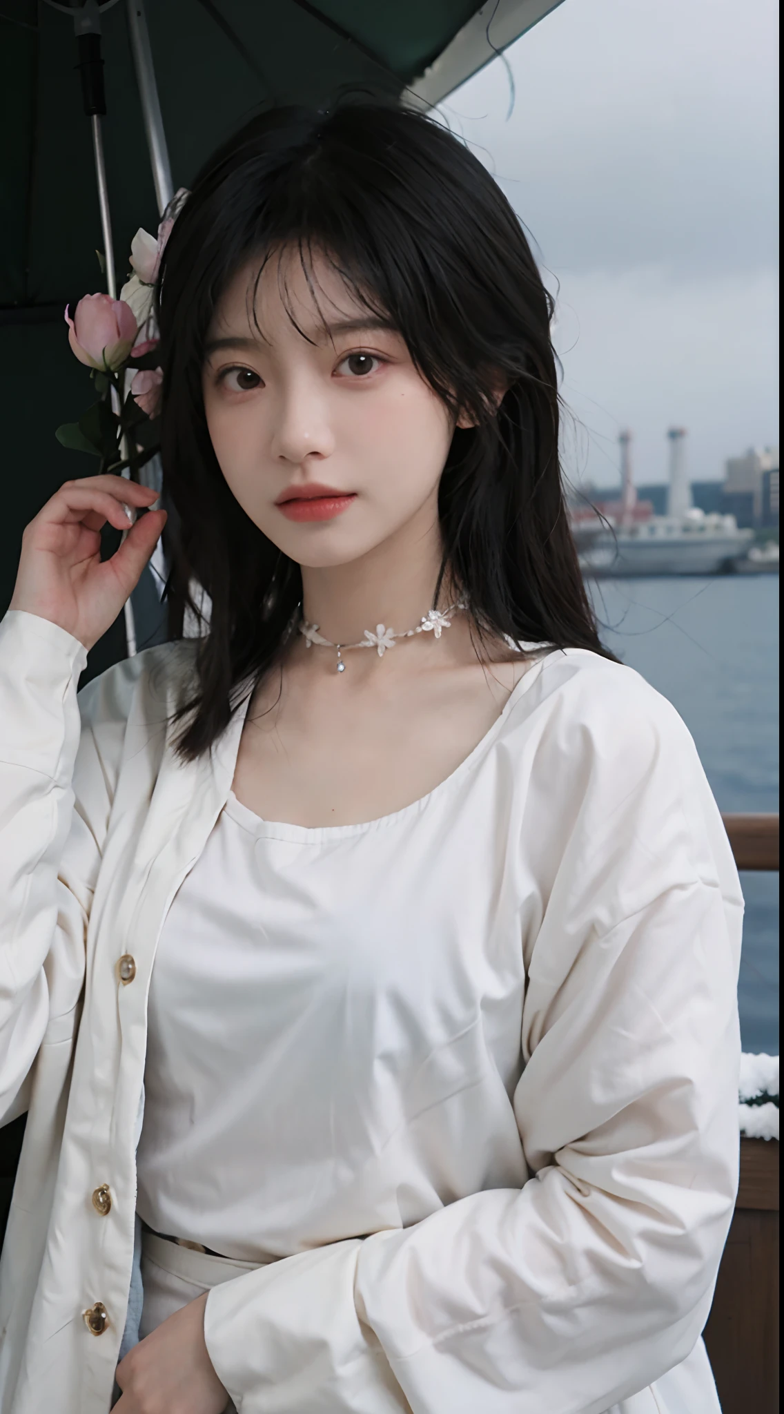 best qualtiy,tmasterpiece,超高分辨率,(realisticlying:1.4),2girls,Large wavy curls,二重まぶた,A pair of peach blossom eyes,Snow-white cotton coat,Pure,choker necklace,adolable,Snow-white translucent skin,head straight-looking at viewer,On the yacht,Full of atmosphere,hair pin:1.4,(The upper part of the body:1.4),