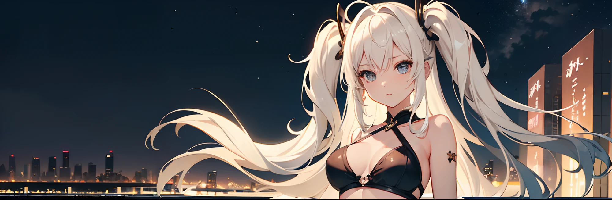 ((Best Quality)), (Ultra-detailed), ((Extremely detailed)), (Beautiful), ((Kawaii Girl)),(two side up hair).,Platinum Blonde Hair,Long hair, hair between eye, Wavy Hair, Long sideburns,Jade-colored eyes, White skin,Normal Chest,Slender body,Cross Halter Bikini,Sandals,background a pool, Night, Night view of New Tokyo City, Starry sky, Neon light,Look Camera