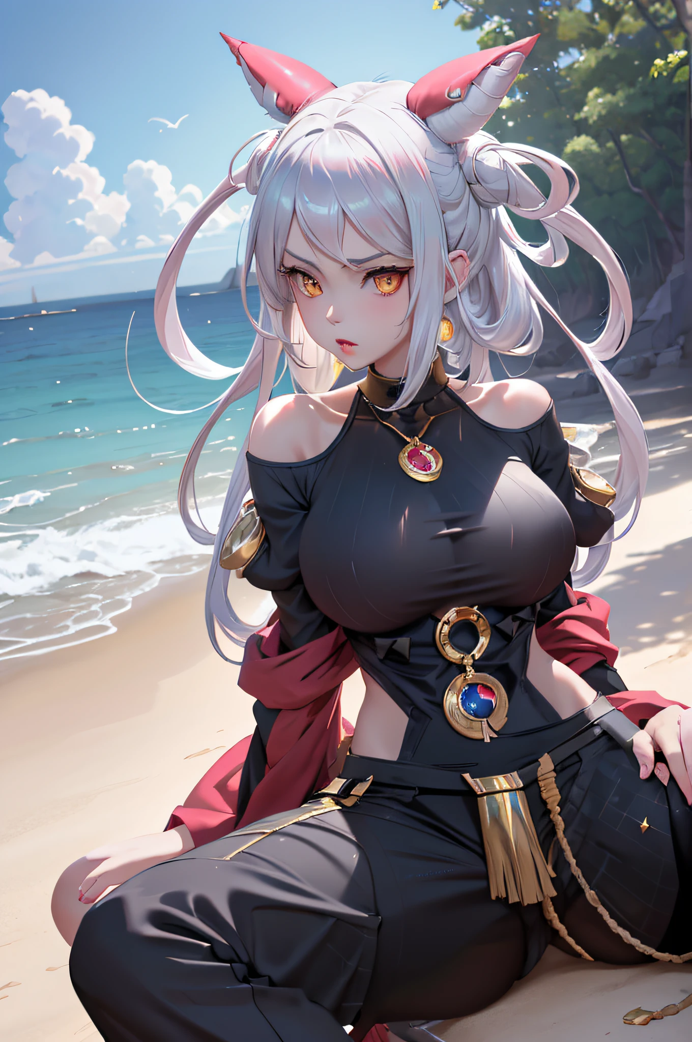 a girl in a uniform swimsuit sitting on a beach, is wearing a swimsuit, in the beach, at a beach, swimsuit, at the beach, wet swimsuit, realistic bikini, seductive anime girl, bathing suit, cute girl wearing tank suit, on a sunny beach, on a beach, thicc, kantai collection style, at the sea, ocean in the background,large breasts, bare shoulders, jewelry, white hair, yellow eyes,  necklace, (animal ears|red horn:0.85),navel,(masterpiece,best quality:1.5),fiction art, RAW photo, hanfu picture, best photo, best photo quality, 8k quality, 8k ultra, super realistic, real photo most economical