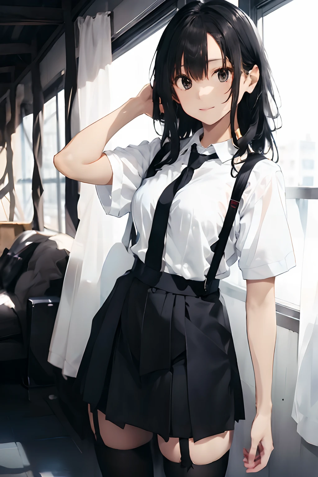 a black skirt, neck tie, white shirt suspenders, Long Black Hair, Gray eyes, holster, Garter belt on the legs, Moderately breasts, hands above your head, Moderate, Pichi Pichi clothes, both sides