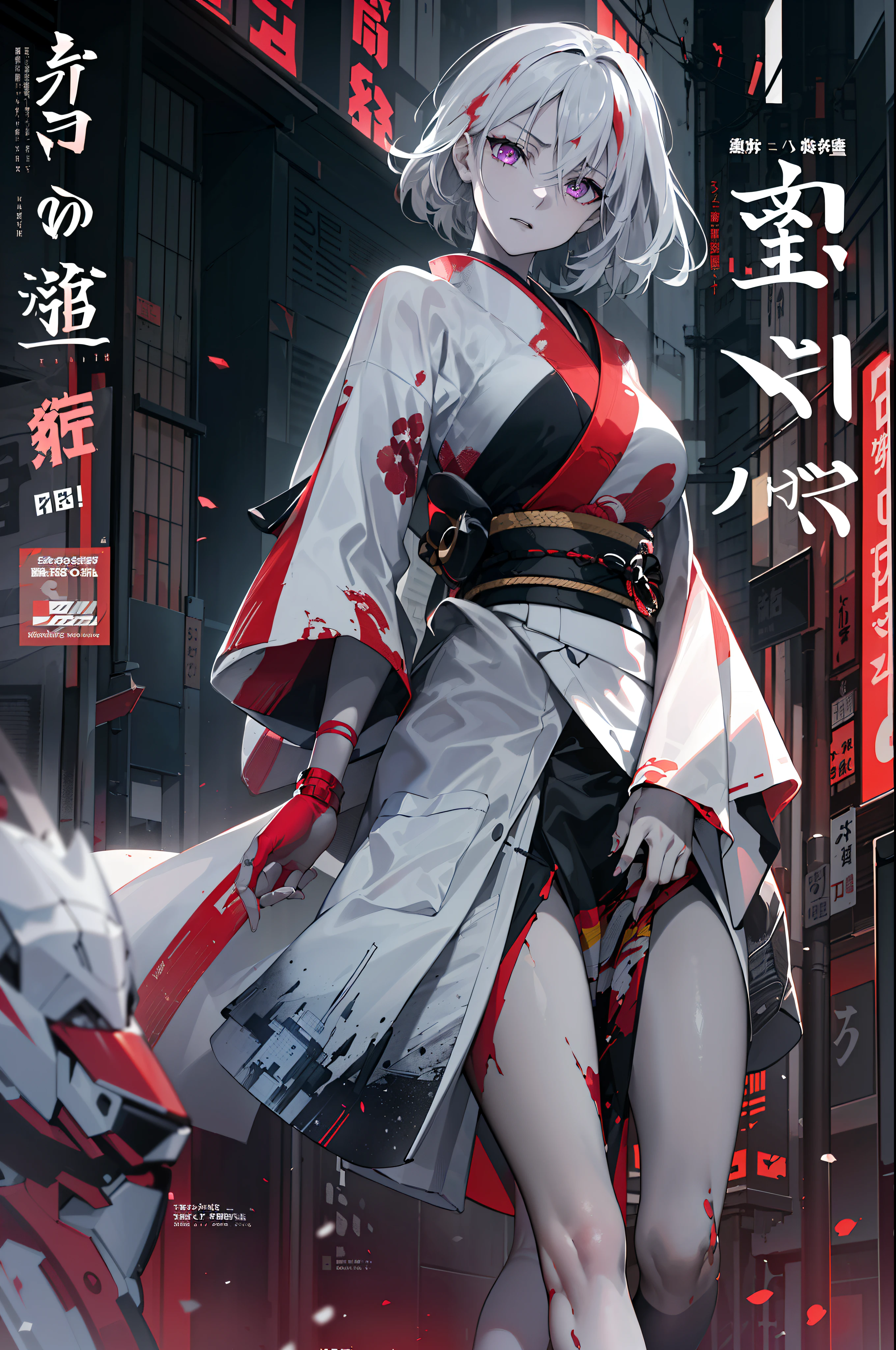 ((((dramatic))), (((gritty))), (((intense))) film poster featuring a young woman as the central character. She stands confidently in the center of the poster, wearing a stylish and techy short kimono, with a determined expression on her face. The background is dark and gritty future tokyo, with a sense of danger and intensity. The text is bold and attention-grabbing, with a catchy tagline that adds to the overall feeling of drama and excitement. The color palette is mainly black and white with highlight of red, giving the poster a dynamic and visually striking appearance, tachi-e (magazine:1.3), (cover-style:1.3), fashionable, woman, outfit, posing, front, dynamic, background, elements, confident, expression, holding, statement, cold, coiled, around, touch, scene, text, cover, bold, attention-grabbing, title, stylish, font, catchy, headline, larger, striking, modern, trendy, focus, fashion, japanese, japan, short-hair, white hair, glowing beautiful purple eyes, less text