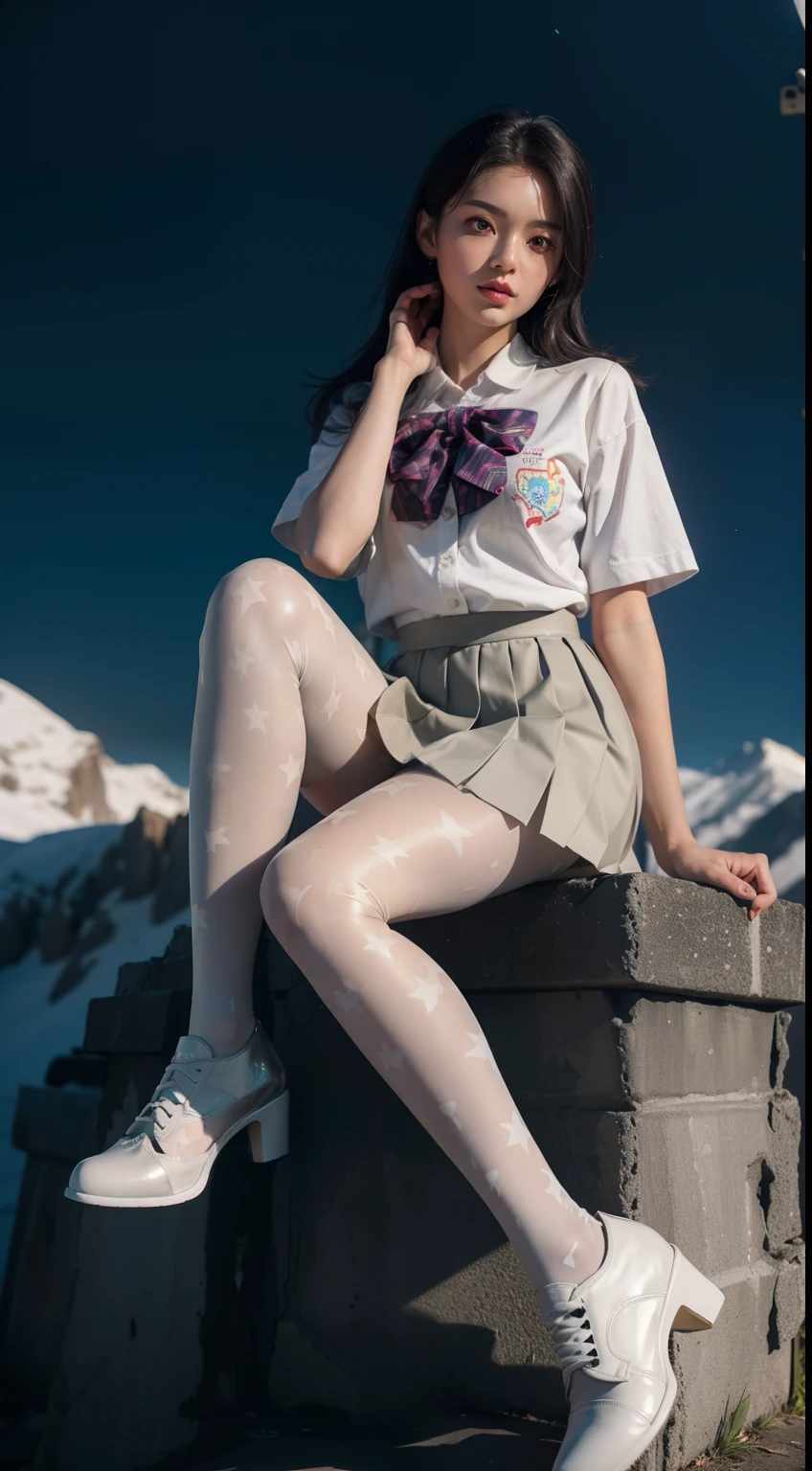 (full body:1.5),(1girl:1.3),(view the viewer:1.4),(anatomy correct:1.45),(sitting on high mountain peaks:1.35),(very thick printed pantyhose:1.4),( A woman Wear printed fantasy colorful JK student uniform pleated skirt and uniform pointed high-heeled leather shoes :1.35), (Light particle effect:1.3),(In pink | amarelo | blue colors| green color |red color | white colors| black in color| purplish color| greys| Beige| Flesh color 1.4),(Glowing eyes:1.3),(Large amplitude action: 1.3),(Accurate and perfect face:1.4),hyper HD, Ray traching, reflective light,structurally correct, Award-Awarded, high detail, lighten shade contrast, Face lighting,cinmatic lighting, tmasterpiece, super detailing, high quality, high detail, best quality, 16k,High contrast,