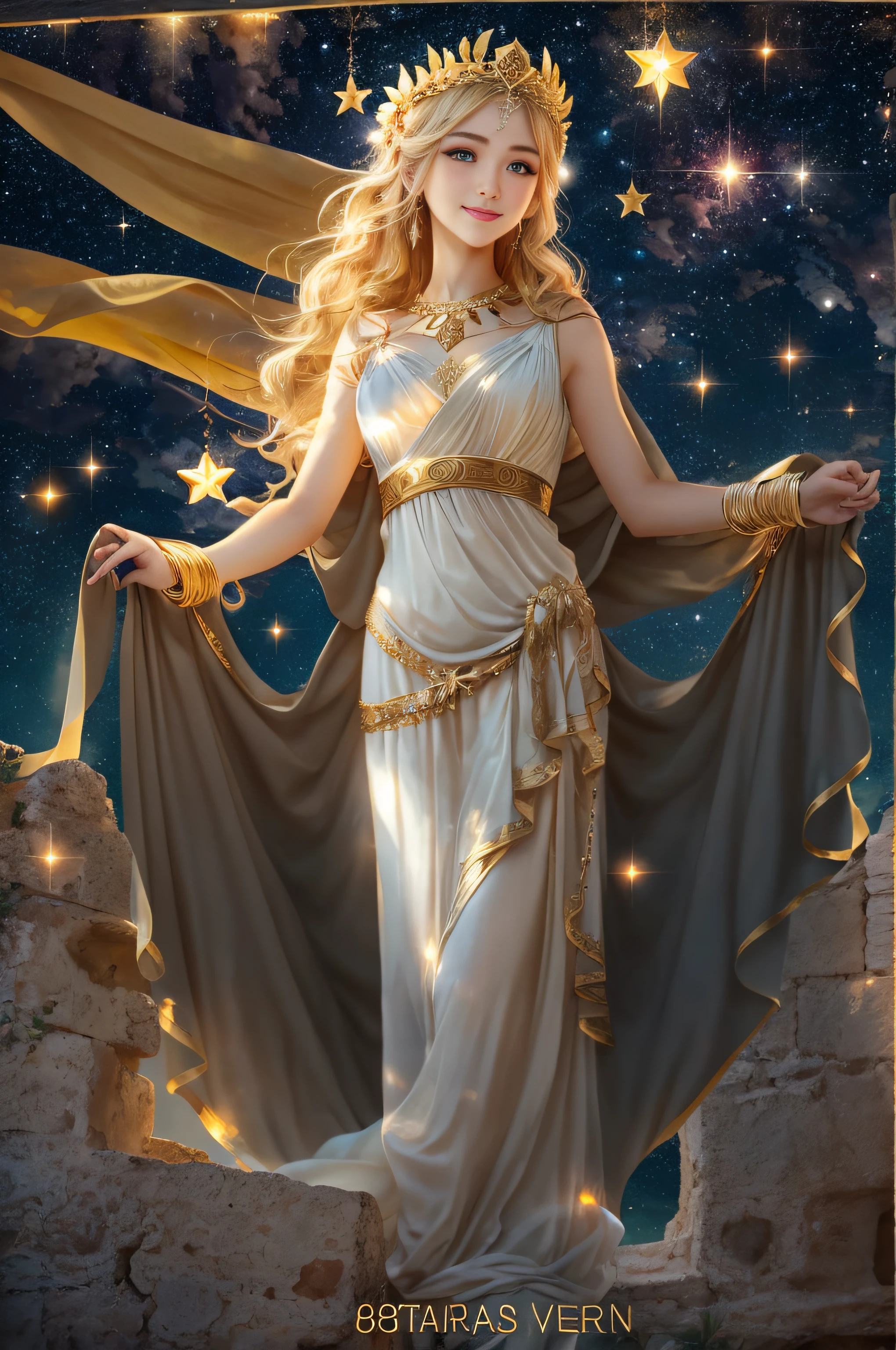 Greek star goddess with blond hair and blue eyes、light skinned, Bright and playful、She was smiling happily.、{(long to:1.3)、loose、(A black:1.3)、greek toga}Wear、Golden Circlet、Shining starry sky、Breathtaking southern European night sky、Mediterranean Antiquities、Greek mythology、Mysterious atmosphere, ultra-quality、Super accurate hands Description、Photorealsitic、ultra-detailliert、masterpiece、8K