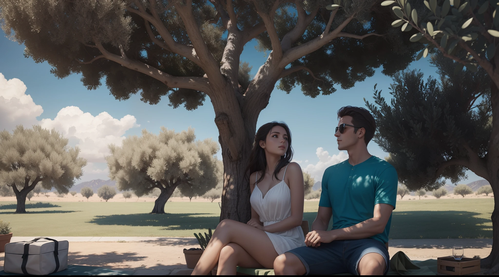 Image of a couple of young lovers sitting under the protective shade of a magnificent Olive Tree, on a clear day with blue skies and spaced clouds. No horizonte com montanhas. 16k cinema 4d. realista