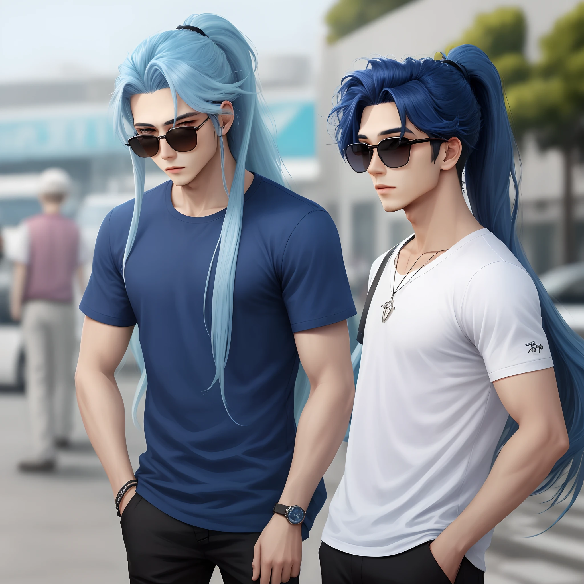 Long blue hair with high ponytail,Azure eyes,Boy in sunglasses