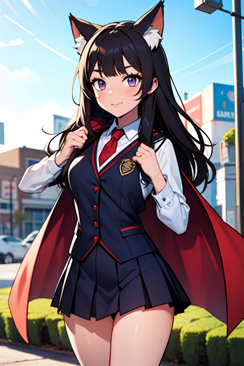 1girl in, Skirt, Young Girl, Solo, Purple eyes, elongated fur ears, Outdoors, day, Pleated skirt, Long hair, Shirt, neck tie, vests, thighs thighs thighs thighs, Bangs, black necktie, building, Closed mouth, White shirt, Green vest, Collared shirt, blush, Looking at Viewer, extra ear, Cape, red cape, animal ear fluff, Blunt bangs, skyporn