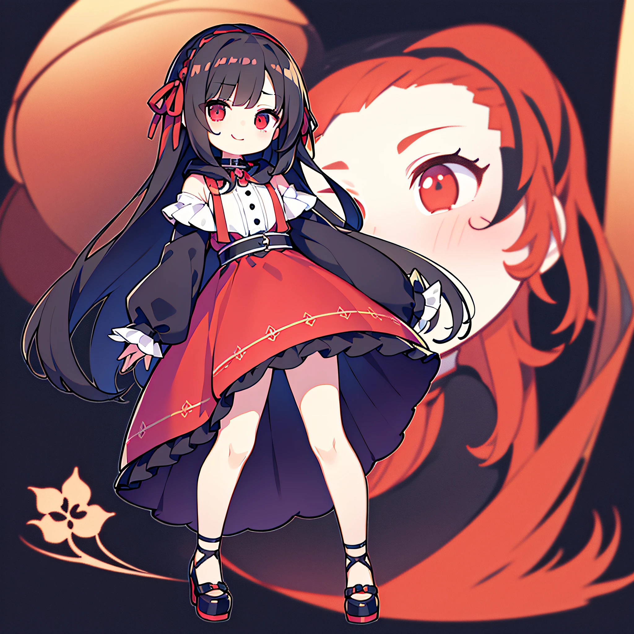 Chibi Chara、Background white、white backgrounid、(top-quality、in 8K、​masterpiece:1.3) Highly detailed facial and skin texture、full body Esbian、very delicate red eyes、二重まぶた、de pele branca、length hair、(with round face:1.5)、A dark-haired、Hooded clothing、Black Goth ta Dress、Hair Ribbon、Smiling、front facing、Standing picture to the tip of the shoe、Beautie、A dark-haired、Tattoo of flowers on the thighs、Tattoo at the base of the thigh、Full-body image from head to toe、erect through、Stand straight