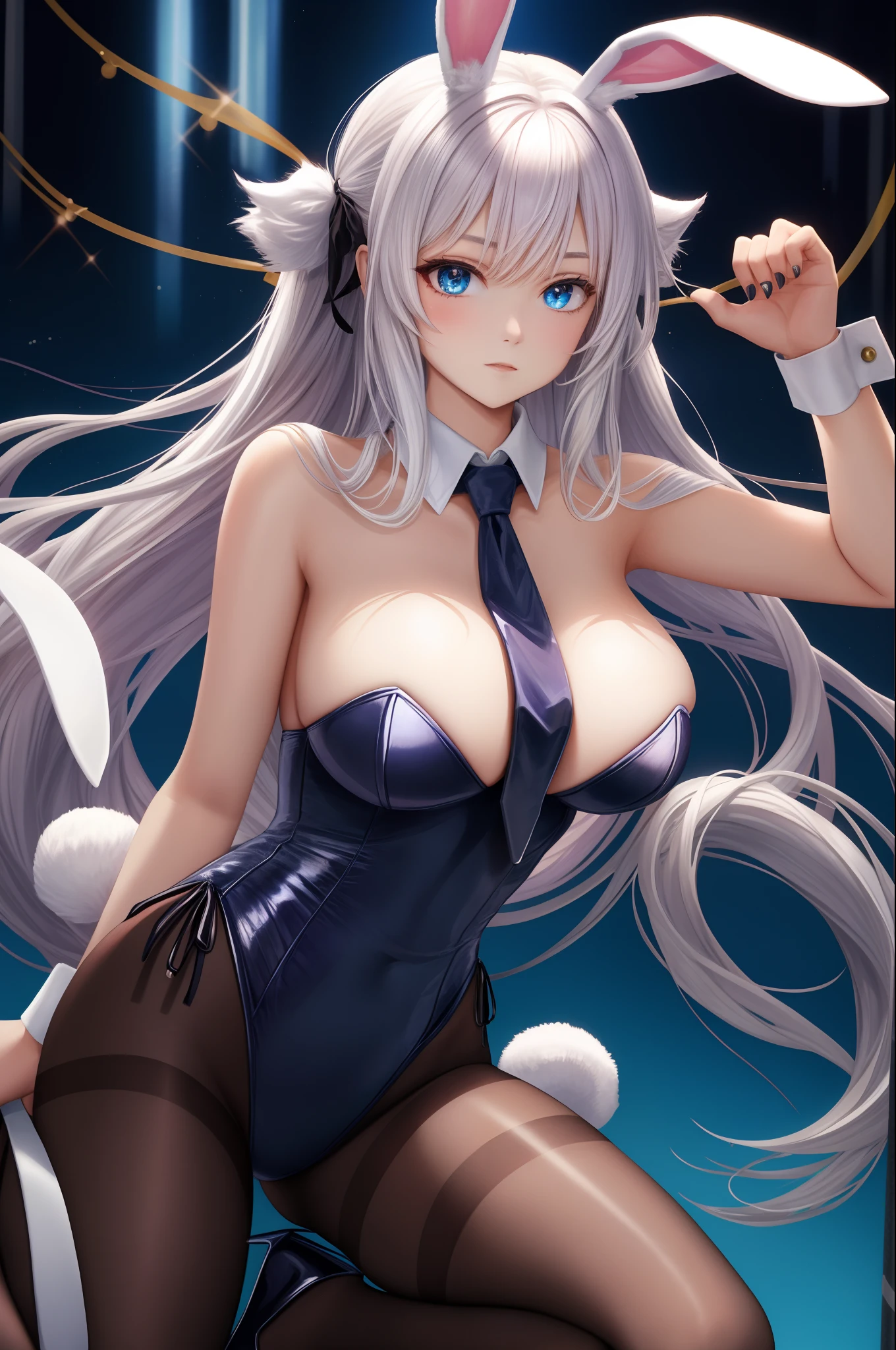 1girl, playboy bunny, solo, animal ears, rabbit ears, high heels, long hair, pantyhose, tail, very long hair, wrist cuffs, rabbit tail, leotard, large breasts, cleavage, necktie, fishnets, fake animal ears, blue background, detached collar, bent over, white hair, white leotard, full body, black necktie, strapless leotard,blanc \(nikke\)
