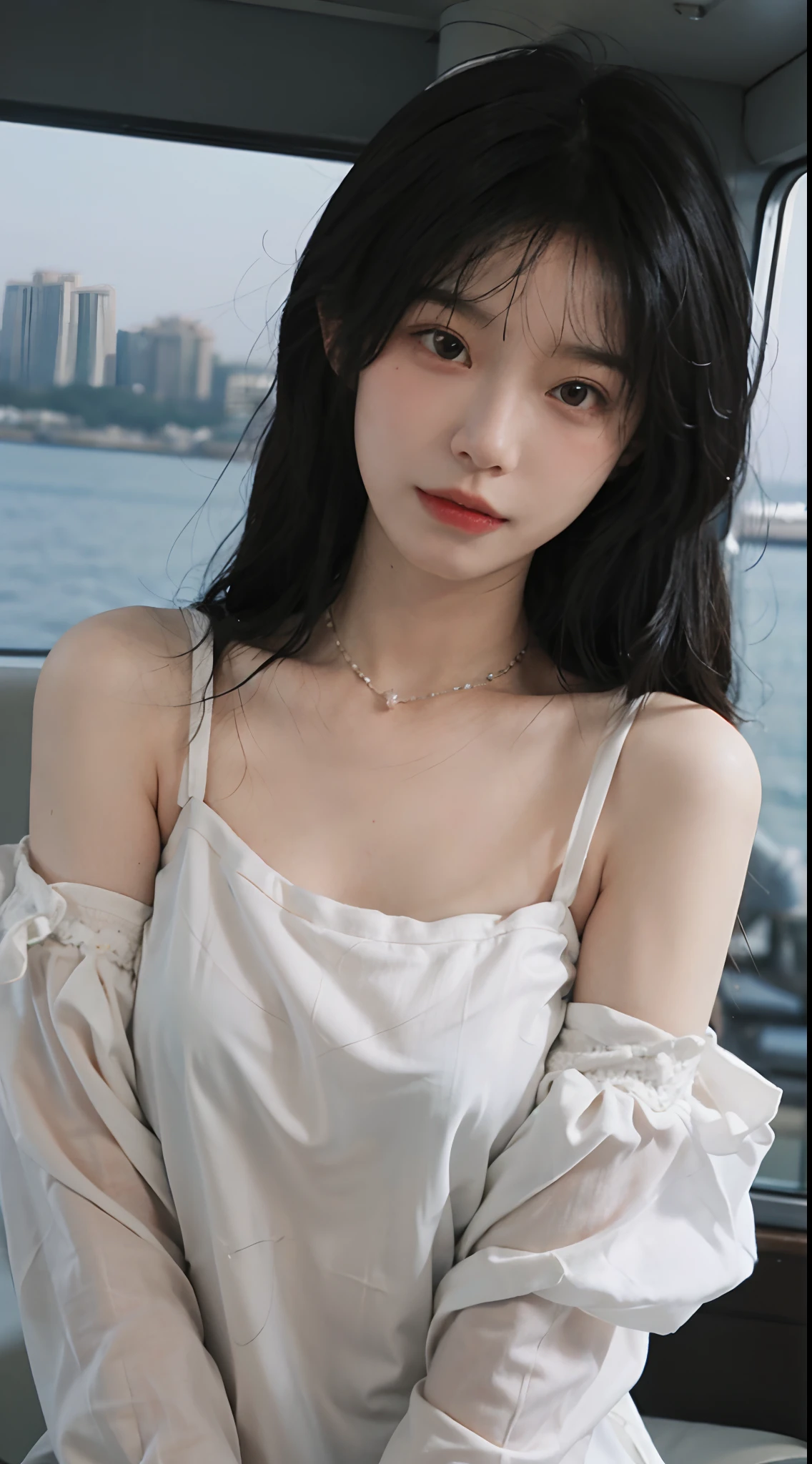best qualtiy,tmasterpiece,超高分辨率,(realisticlying:1.4),2girls,Large wavy curls,二重まぶた,A pair of peach blossom eyes,Snow-white Chinese cheongsam,Pure,choker necklace,adolable,Snow-white translucent skin,head straight-looking at viewer,On the yacht,Full of atmosphere,hair pin:1.4,(The upper part of the body:1.4),