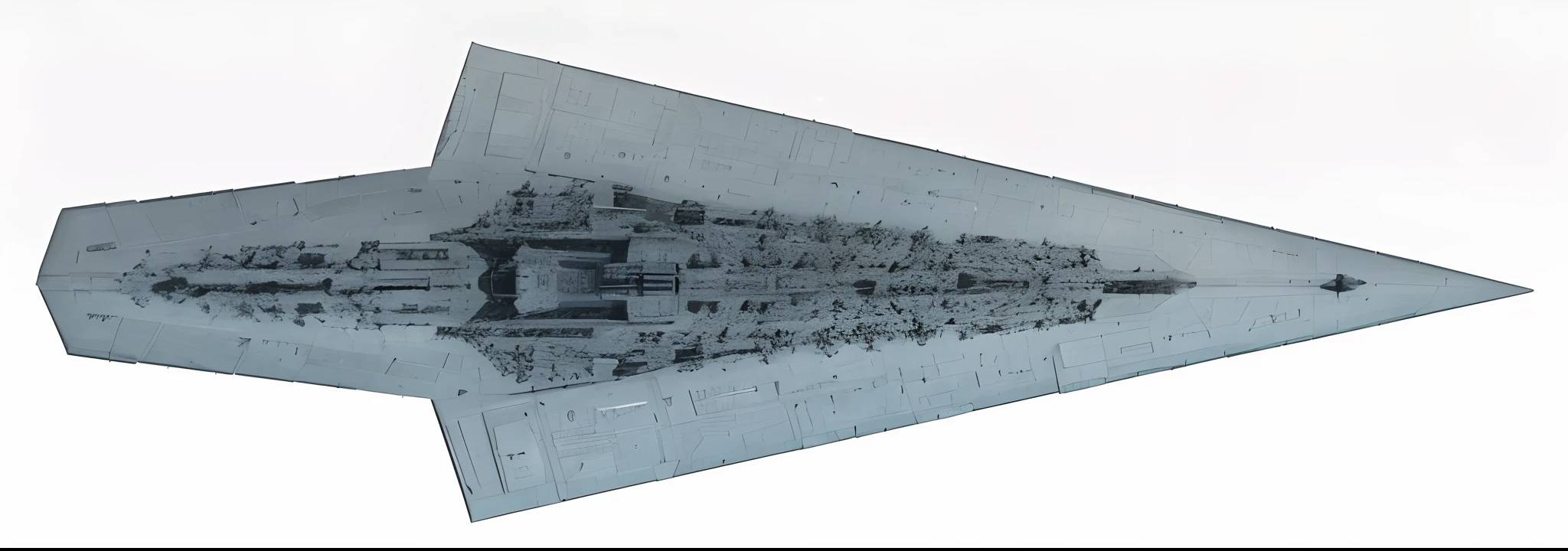 There is a large black and white picture of a large aircraft, Executor-class Star Destroyer, Star Destroyer, cross section, spaceship hull texture, Star Destroyer, ,  ancient space ship, gigantic scale, ussg ishimura, an intact ancient alien ship, euclid class, side view of a gaunt，Extreme symmetry，Crazy symmetry，Unmatched symmetry，Ultimate detail