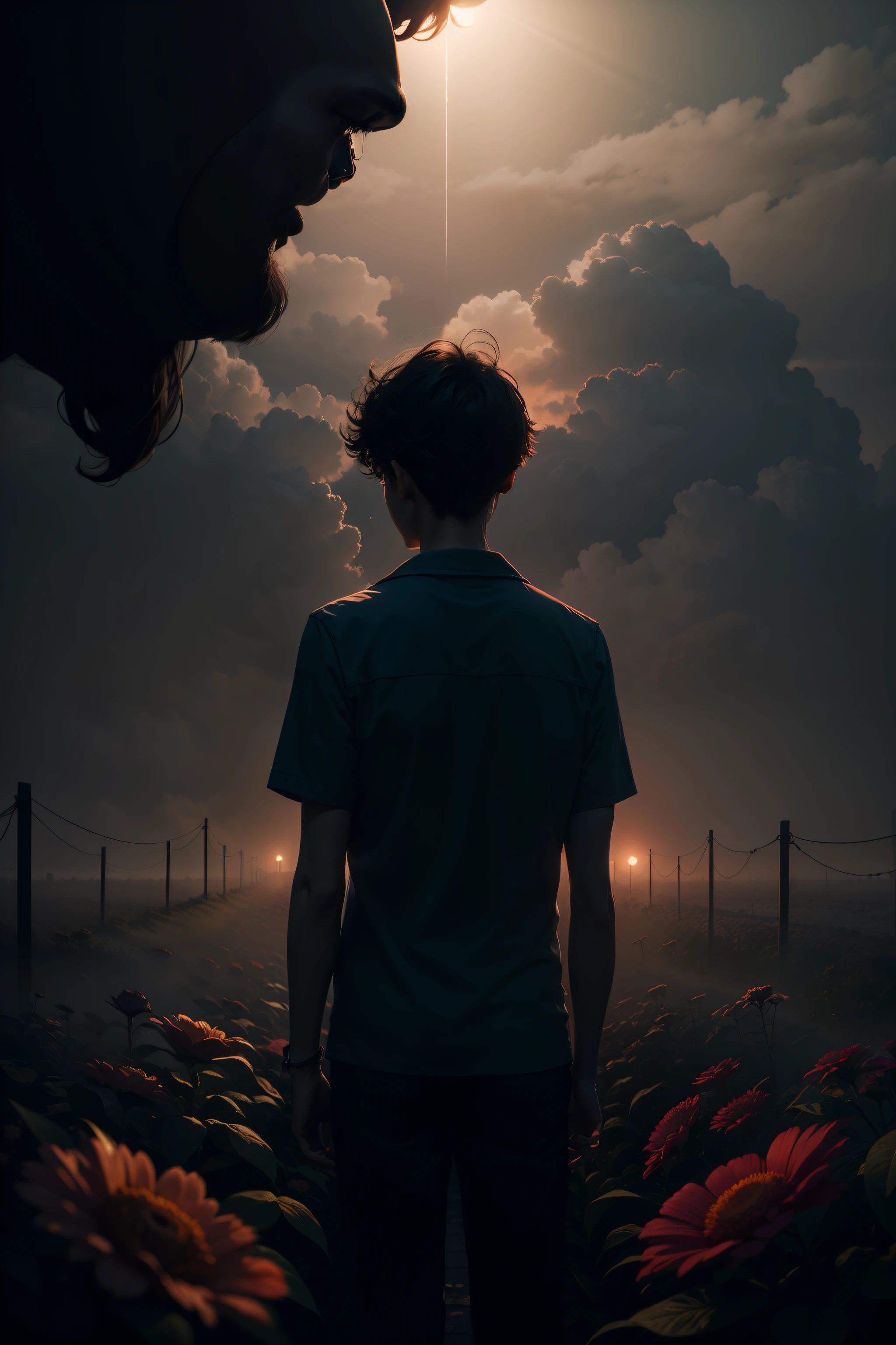 misty evening，（Lonely boy），（（Holding flowers in his hand, he is looking into the distance）），（Back Shadow）The back side is dominant，sideface，in the darkness nigth，Volumetriclighting，4K，Award-Awarded，surreptitiously，low tune，deepshadow