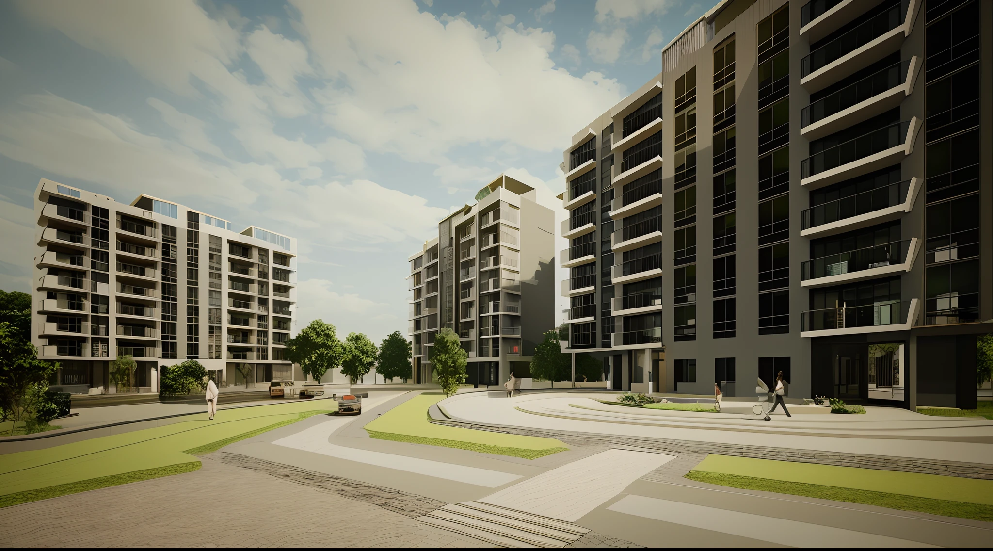 Two buildings are within easy reach, archviz, architectural render, complex 3 d render, lumion render, realistic cgi render, residential area, mixed development, architecture render, Perspective view, professional render,natta,full of lights