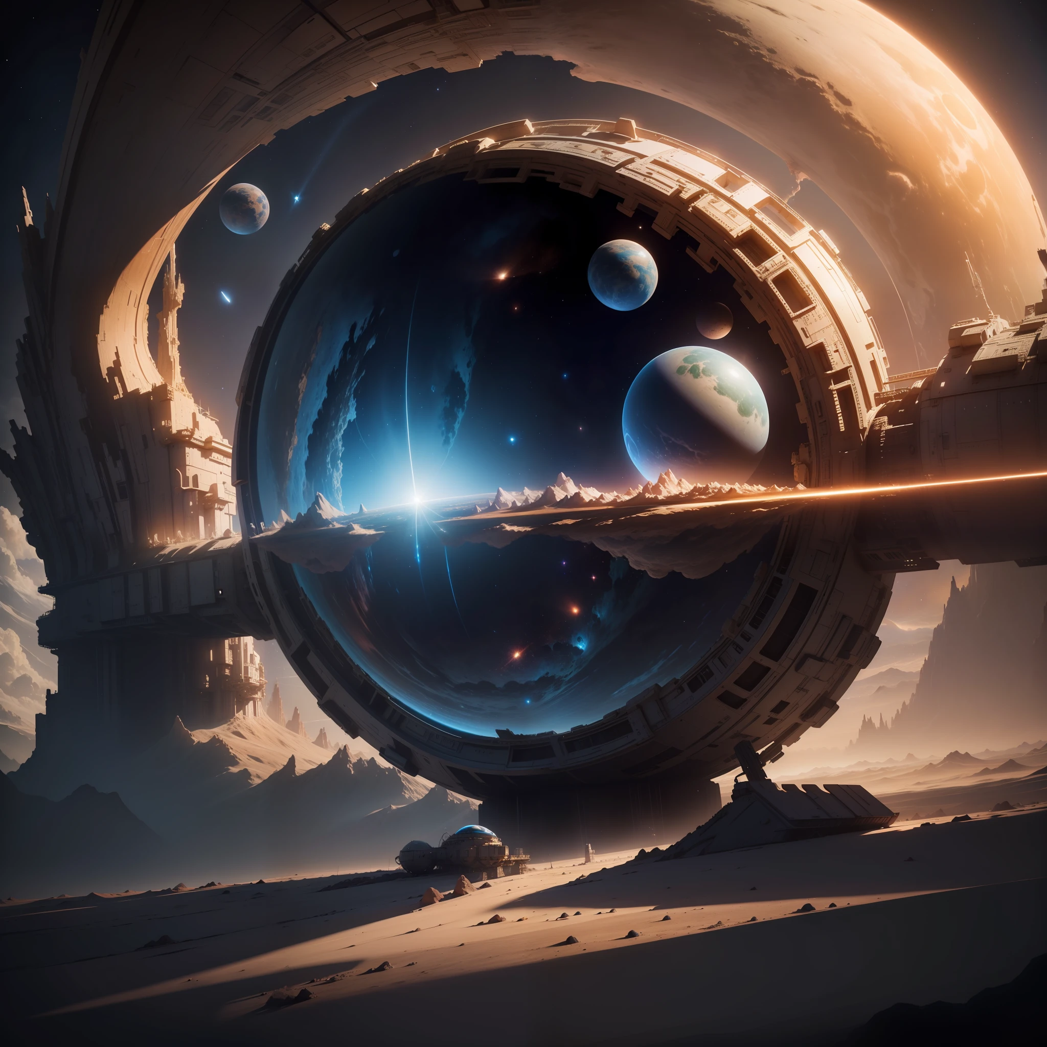 A breathtaking 3D-rendered depiction of a colossal space station orbiting a distant planet, capturing the grandeur of human ingenuity in space exploration. The scene features intricate details, hyper-realistic textures, and dramatic lighting, showcasing the vastness of the cosmos.