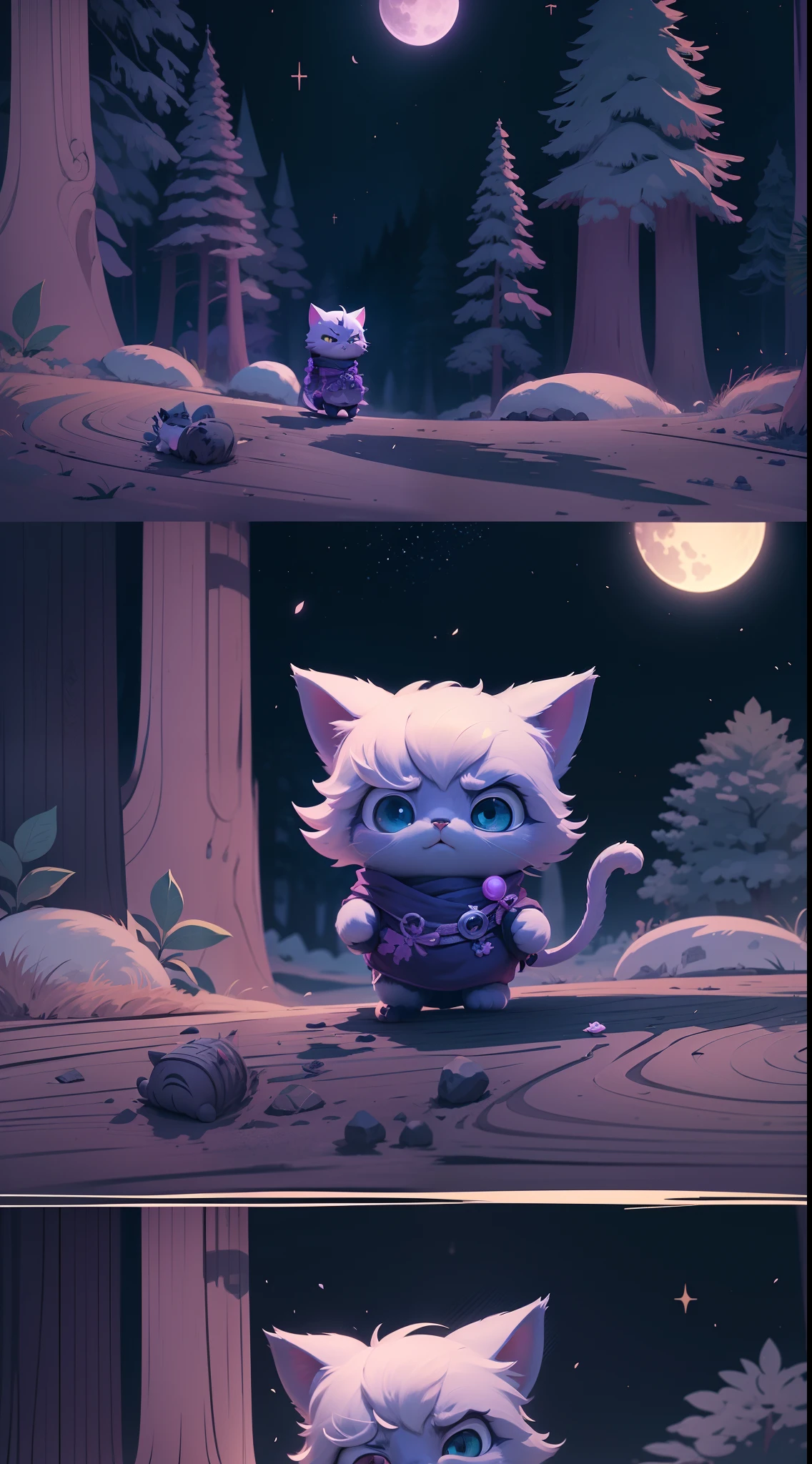 Create a vibrant dark fantasy cute ninja cat in a clean-lined minimalistic cartoon style, in the background a beautiful forest and a bright purple moon, octane render, 8k