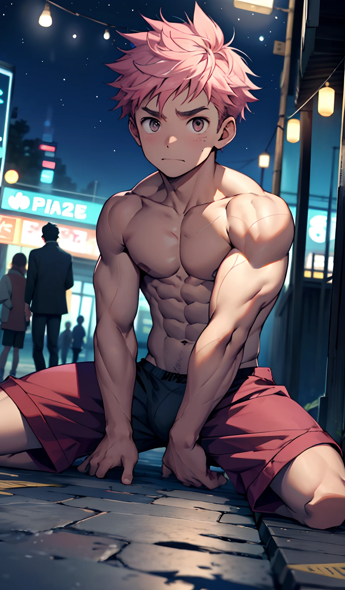(masterpiece, best quality),Male children,nakeness,A young boy with,younge boy,Kid's face,Cold,infancy,Young age,Short round face,Flat chin,infancy,(Kid's face),spread their legs,Pink belly hair,Pink chest hair,Pink pubic hair,Young age,Flat chin,Fine face in detail,White men's briefs,musculous,pink short hair,Bright Hair,White eyes,Keep your eyes wide open,nakeness,White briefs,White briefs,Pectoralis abdominal muscles,Strong and well-developed muscles,bright,Bright and vivid colors,(depth of fields:1.2),Positive audience,looking at viewert,spread their legs,the night