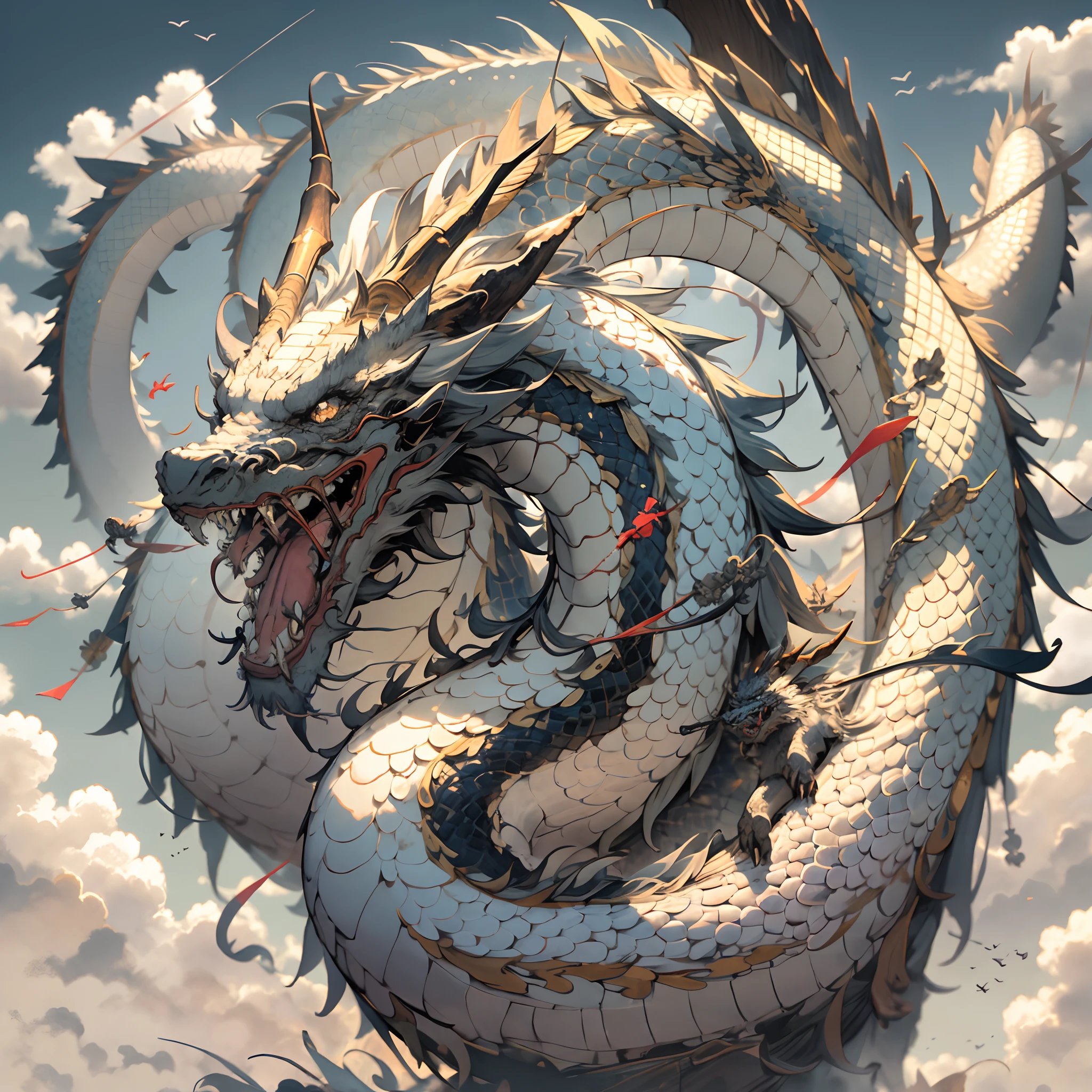 chinese dragon, no human, white dragon, open mouth, horn, cloud, sky, teeth, monster, sharp teeth, scales, solo, fang, tongue, cloudy sky