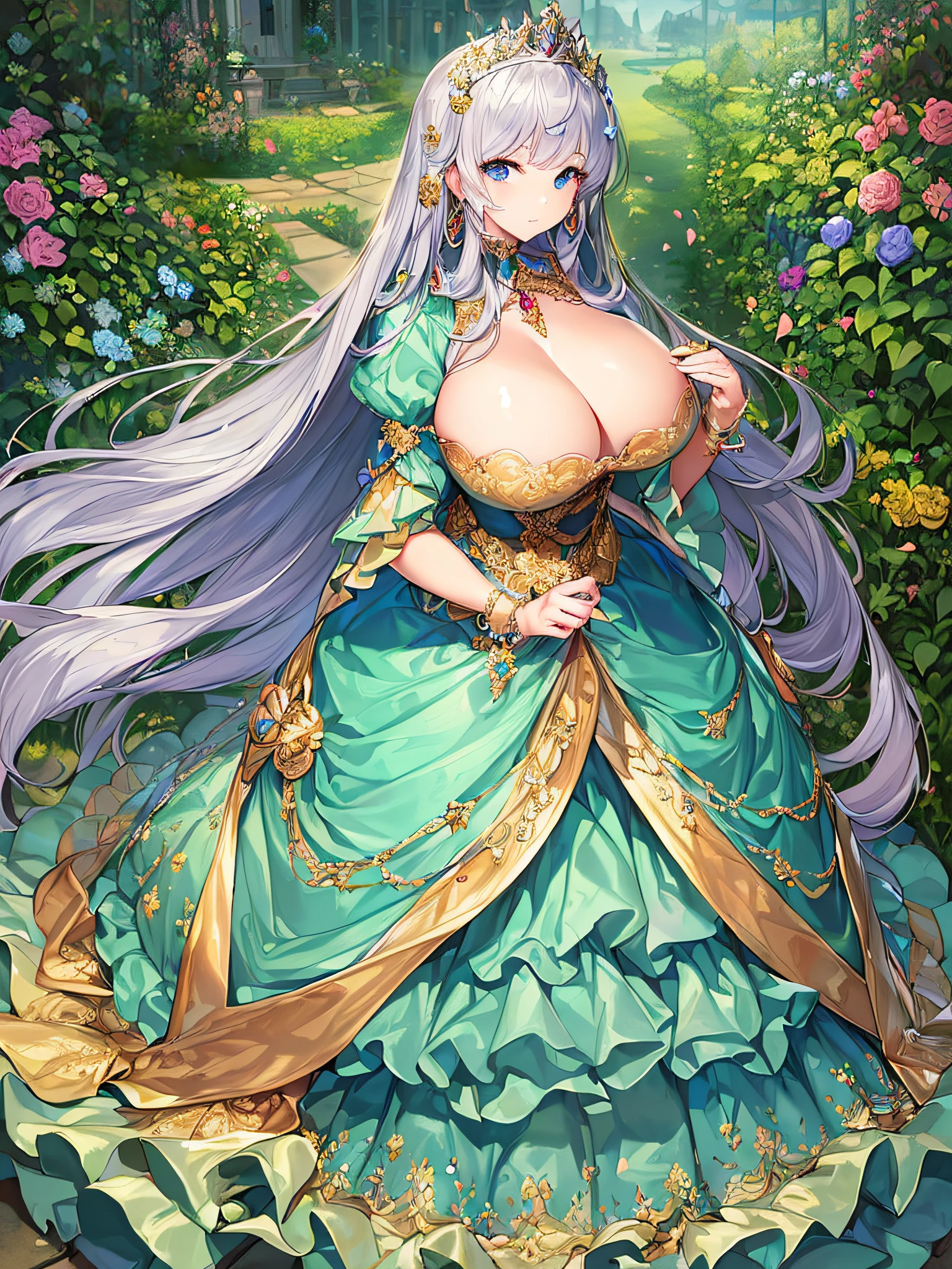((anime artstyle)),(Masterpiece),(Best Quality), (Super Detail),((Very Delicate and Beautiful)),(((Solo))),((full body portrait)),((1 princess in gorgeous princess rococo ballgown with voluminous full length hoop skirt)),((crinoline)),Long train,(((standing in garden))),(gorgeous gemstone jewelry),detailed face and eyes,jewel-like eyes,((large amount of straight hair,extremely voluminous Hair,Very Long Straight Hair)),((gigantic tits,Long tits)),cleavage,extremely gorgeousfull hair ornament,((bling-bling extremely gorgeousfull jeweled tiara)),((Dynamic Angle)),Looking at viewer,,flowers,flower petals flowing,((gorgeous princess rococo ballgown with voluminous full length hoop skirt))