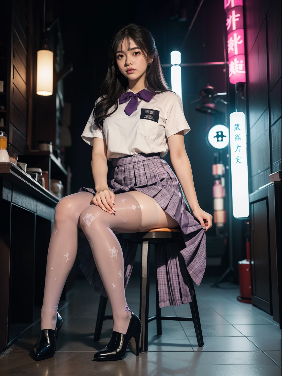 (full body:1.5),(1girl:1.3),(view the viewer:1.4),(anatomy correct:1.45),(Sitting in a glass cabinet drinking cola:1.35),(very thick printed pantyhose:1.4),( A woman Wear printed fantasy colorful JK student uniform pleated skirt and uniform pointed high-heeled leather shoes :1.35), (Light particle effect:1.3),(In pink | amarelo | blue colors| green color |red color | white colors| black in color| purplish color| greys| Beige| Flesh color 1.4),(Glowing eyes:1.3),(Large amplitude action: 1.3),(Accurate and perfect face:1.4),hyper HD, Ray traching, reflective light,structurally correct, Award-Awarded, high detail, lighten shade contrast, Face lighting,cinmatic lighting, tmasterpiece, super detailing, high quality, high detail, best quality, 16k,High contrast,