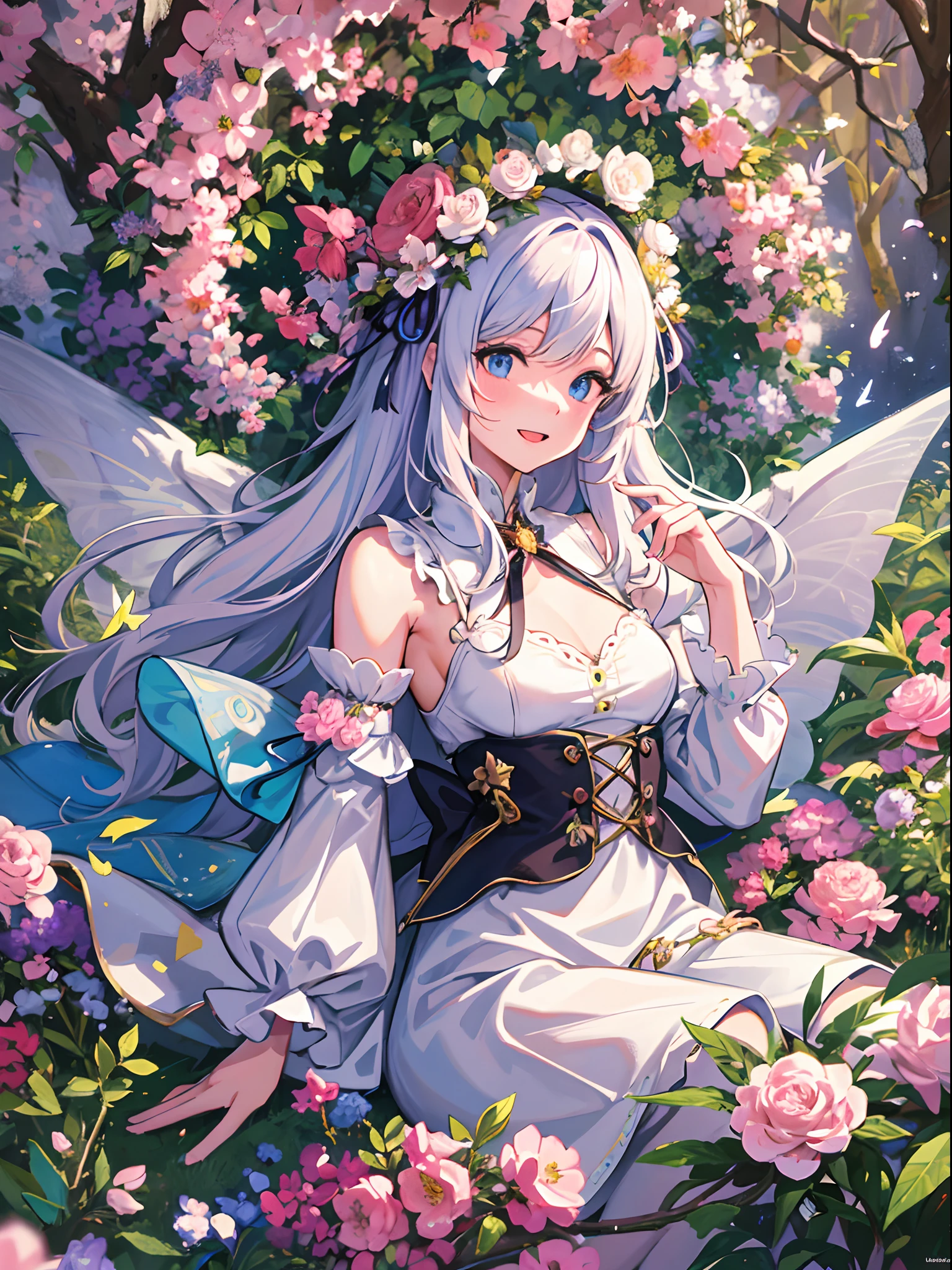 best quality, extremely detailed, masterpiece, finely detail, extremely detailed wallpaper, high resolution,(extremely detailed CG unity 8k wallpaper),(illustrations:1.3)
[(solo), (1 girl), pink and white hair, long hair, blue eyes, light pink and white dress, transparent butterfly wings, garland, laughing\],
spring, sprite, symbolize, revival, blooming flowers, chirping birds, budding trees, tender sprouts, fluttering butterflies, nature, beauty, joy, happiness, rebirth, renewal, growth, vitality, freshness, rejuvenation, optimism, new beginnings, enchantment, wonder, magic