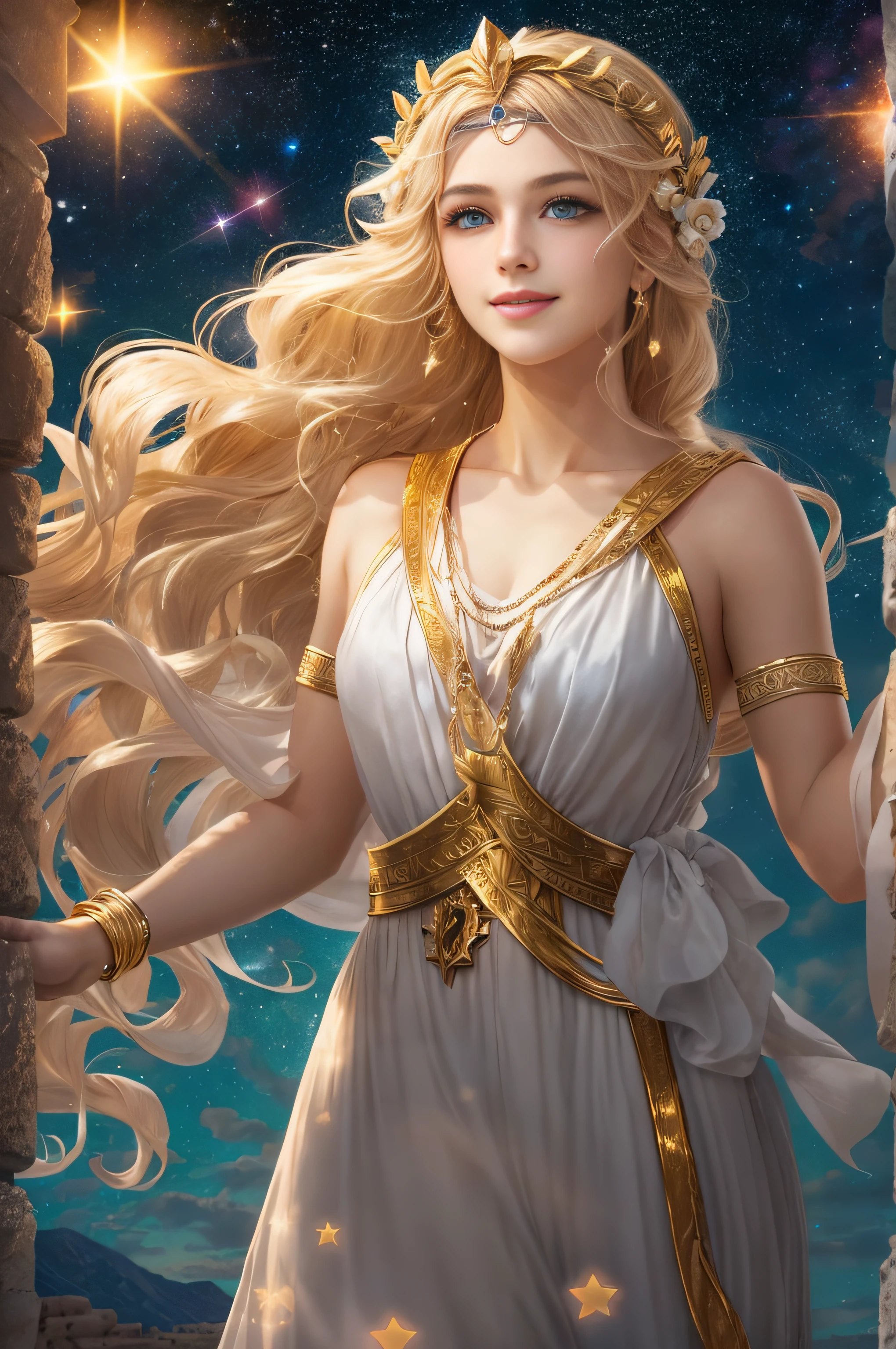 Greek star goddess with blond hair and blue eyes、light skinned, Bright and playful、She was smiling happily.、{(long to:1.3)、loose、(A black:1.3)、greek toga}Wear、Golden Circlet、Shining starry sky、Breathtaking southern European night sky、Mediterranean Antiquities、Greek mythology、Mysterious atmosphere, ultra-quality、Super accurate hands Description、Photorealsitic、ultra-detailliert、​masterpiece、8K