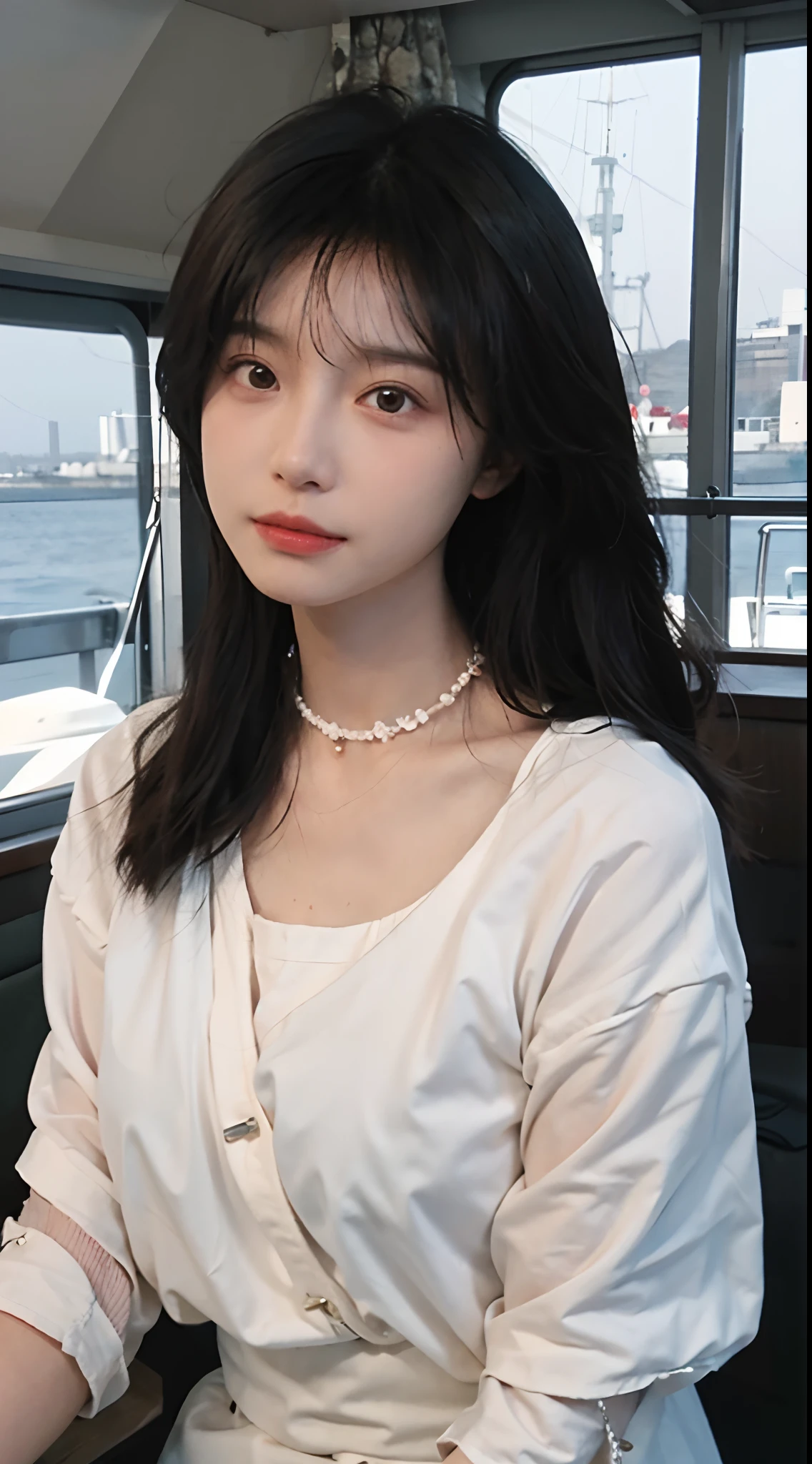 best qualtiy,tmasterpiece,超高分辨率,(realisticlying:1.4),2girls,Large wavy curls,二重まぶた,A pair of peach blossom eyes,White slack pants+obi strip,Pure,choker necklace,adolable,Snow-white translucent skin,head straight-looking at viewer,On the yacht,Full of atmosphere,hair pin:1.4,(The upper part of the body:1.4),