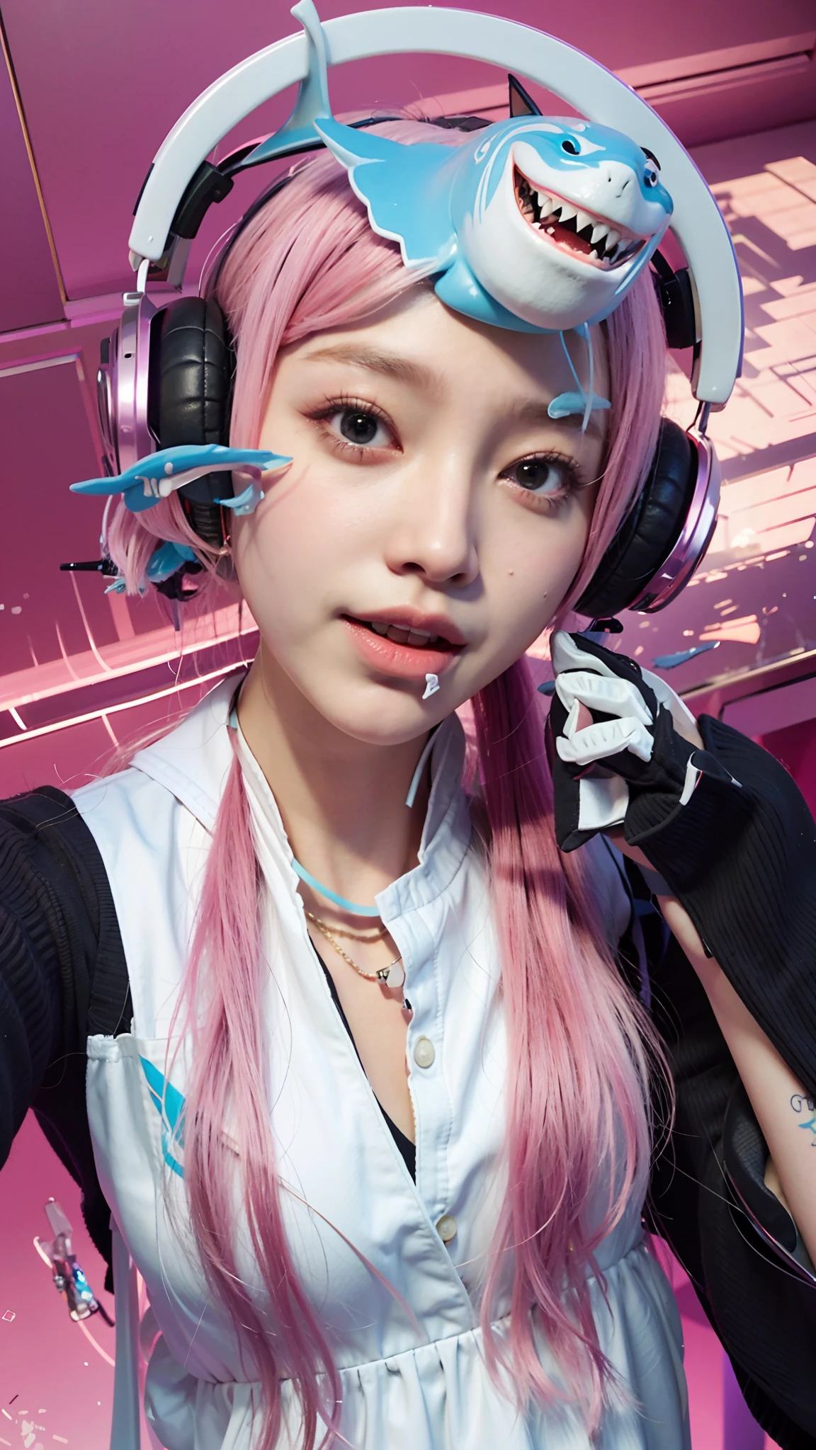 Arafeld girl with pink hair with shark headphones on her head, Realistic anime 3 D style, 3 d anime realistic, hyper realistic anime, ultra real photo, 3 d ar vr art, Realistic. Cheng Yi, 8k selfie photograph, Guviz-style artwork, Porquimane, Photorealistic anime, live2d virtual youtuber model
