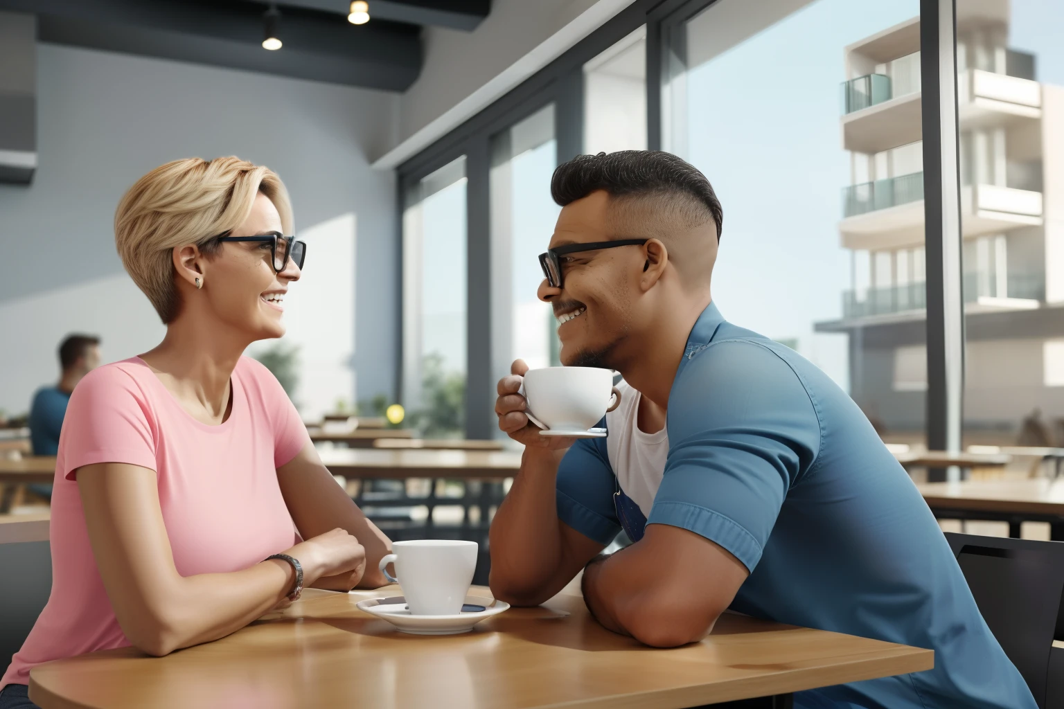 guttonerdvision10, um homem usando oculos, sentado em uma cafeteria conversando frente a frente com a apresentadora de tv do Brasil Ana Maria Braga. Both of them were drinking coffee and smiling. Octane render, 8k realista