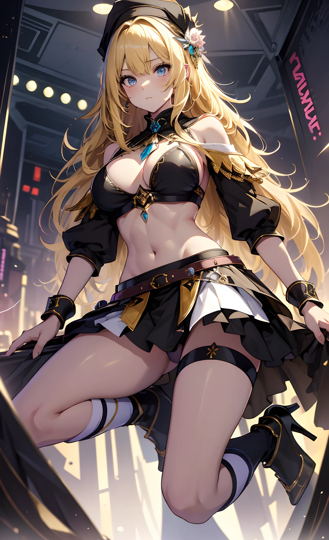 best qualityer,tmasterpiece,Ultimate resolution,downy,Extremely colorful,Colorful,western regions,Dancer,(Kneeling pose)blond hairbl,Bikini costumes,Exotic,huge tit,Crop topping,short skirt,Black socks,high-heels,veils,Normal posture
