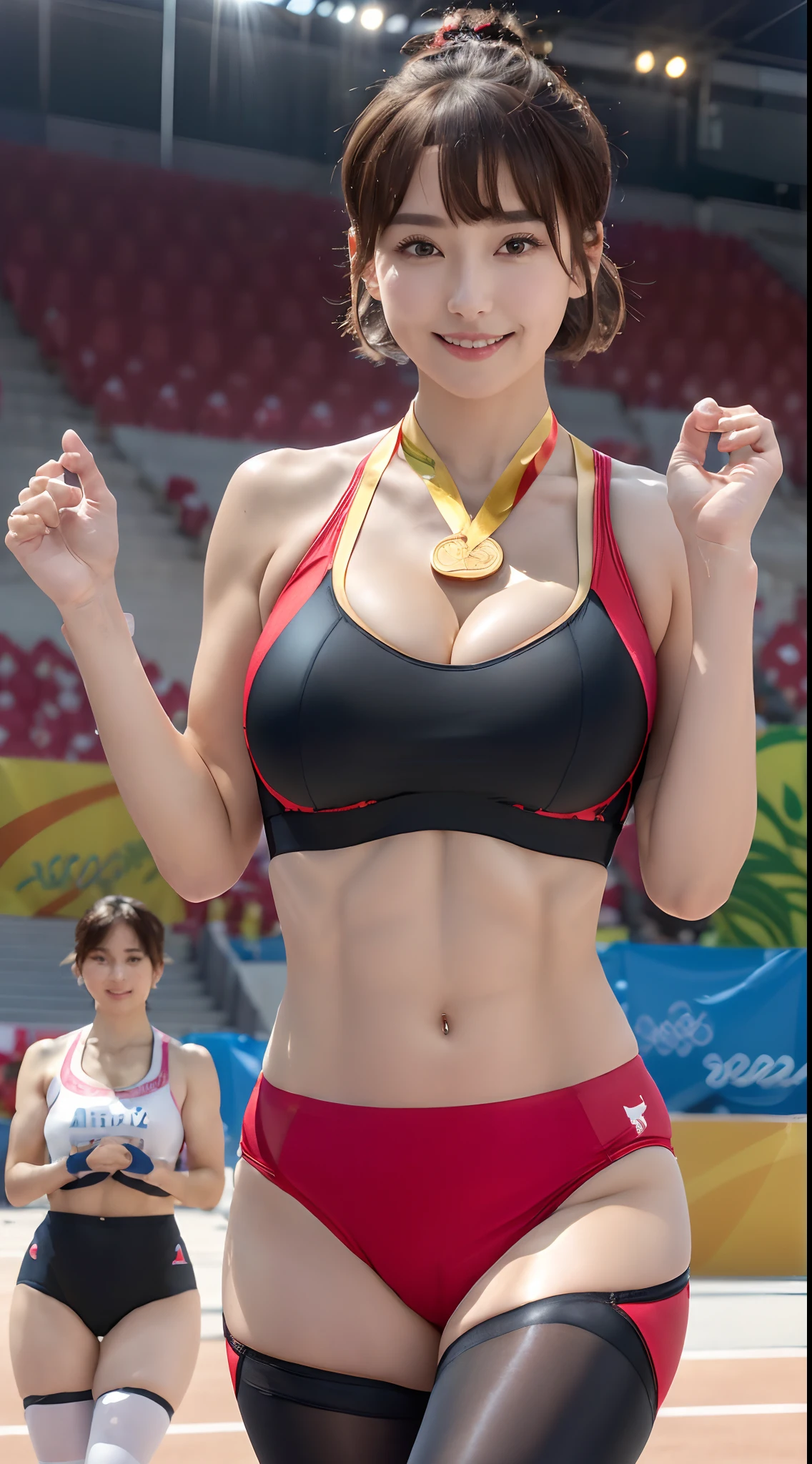 8K、 超A high resolution、Best Quality、Photorealsitic、hightquality、high-detail、masuter piece、(huge-breasted、cleavage of the breast:1.3)、Lower breast、(Red and black、High Leg Racing Bloomers、Sportsbra:1.5)、track and field club、(Standing on the podium、Wear one gold medal around your neck、1 medal、Wave one hand to the audience above、Beautiful Five Fingers:1.45)、(Brown-haired short-haired chignon:1.2)Extraordinary beauty、(Toned body、Split abs:1.3)Big eyes、Obviously double eyelids、(On a short track in the athletics arena:1.3)、Smile happily、RunningShoes