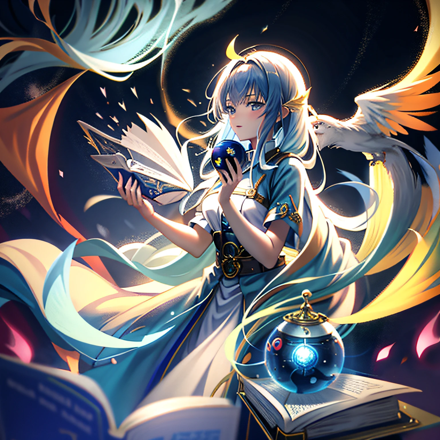 Anime girl with blue hair holding a magic ball and a book， Trends in the art station Pixiv， Beautiful celestial mage， Art Station Art sprouted at Art Station Pisif， Anime fantasy illustration， Anime fantasy artwork， fire spell， Digital art at Pixiv， Guvitz at the Pixiv Art Station， Kushat Krenz Key Art Women， White-haired god