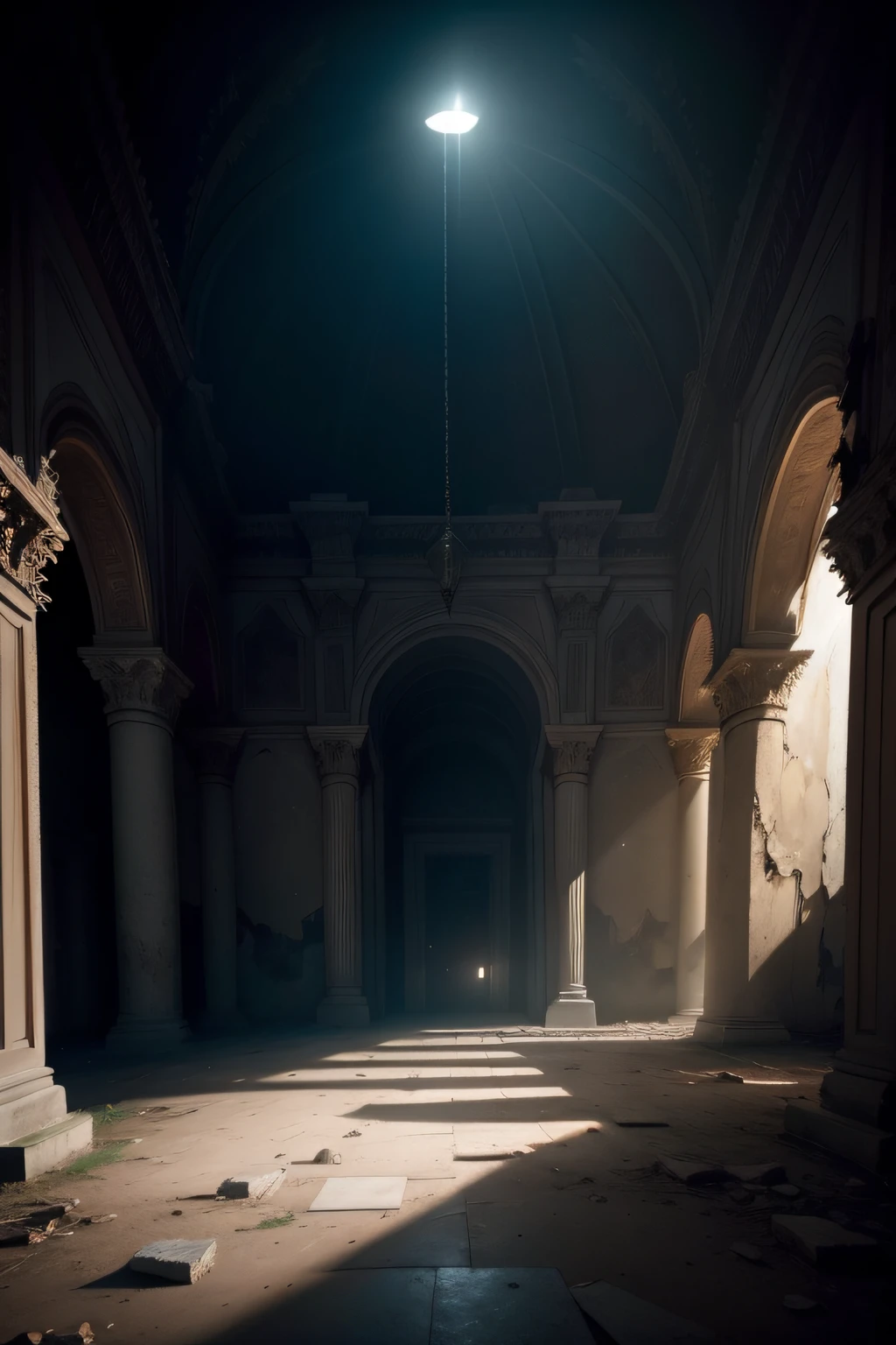 The image depicts an impressive and atmospheric scenery of the "Palace of Shadows". The abandoned theatre is plunged into darkness, com um nevoeiro espesso e ondulante envolvendo cada canto. The theater's weathered walls seem to contain dark secrets and untold stories.