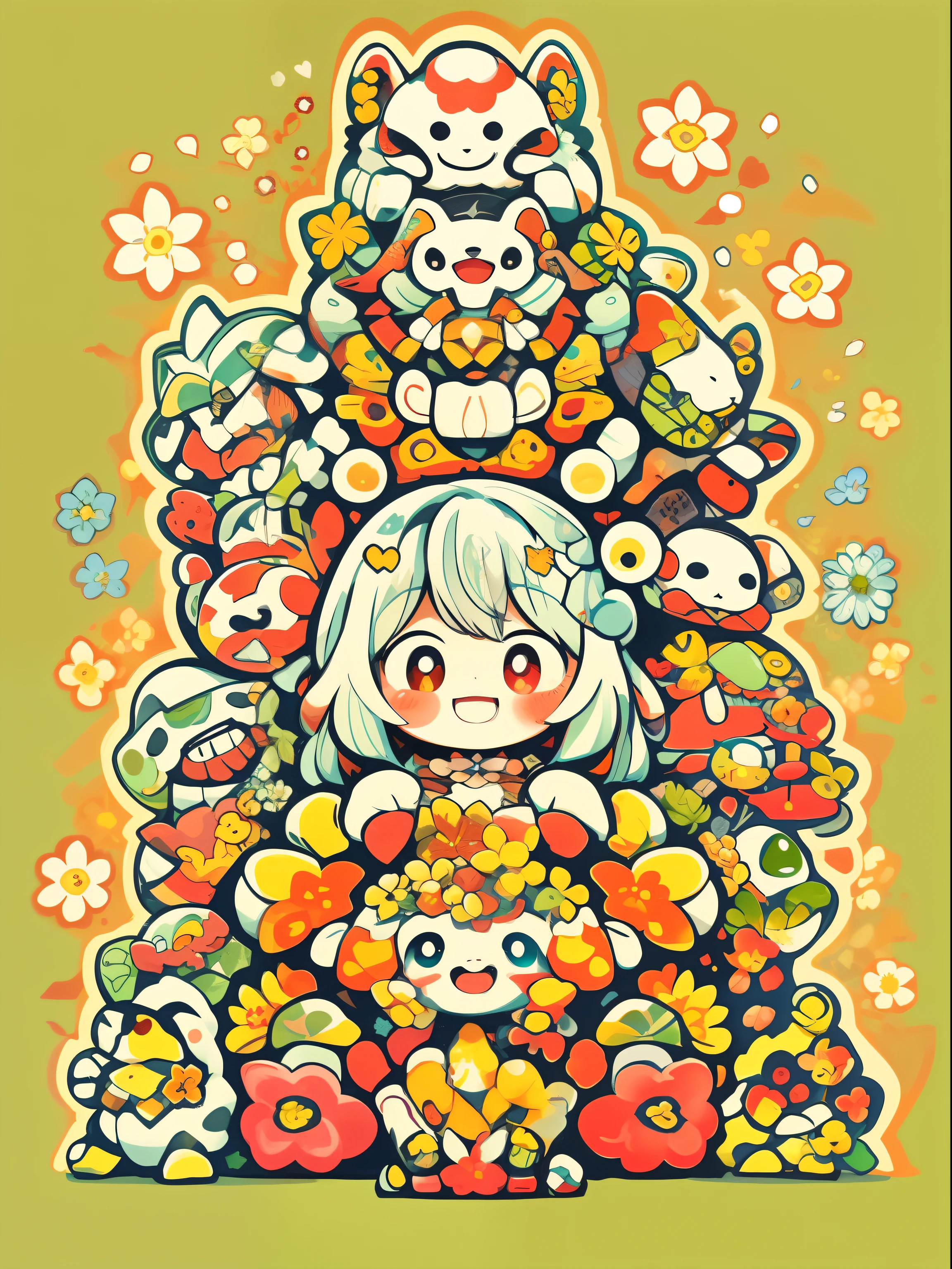 Lots of pictures of cute little animals, Tower of Flowers, 🍁 Cute, by Kubisi art, Stacked around, Many flowers, cute artwork, Cute Cyber God々, Cute art style, Some red and yellow, Lots of mecha flowers, nintendo game art, cute detailed artwork, cute detailed digital art, illustration pokemon, detailed fan art, Lots of mecha flowers