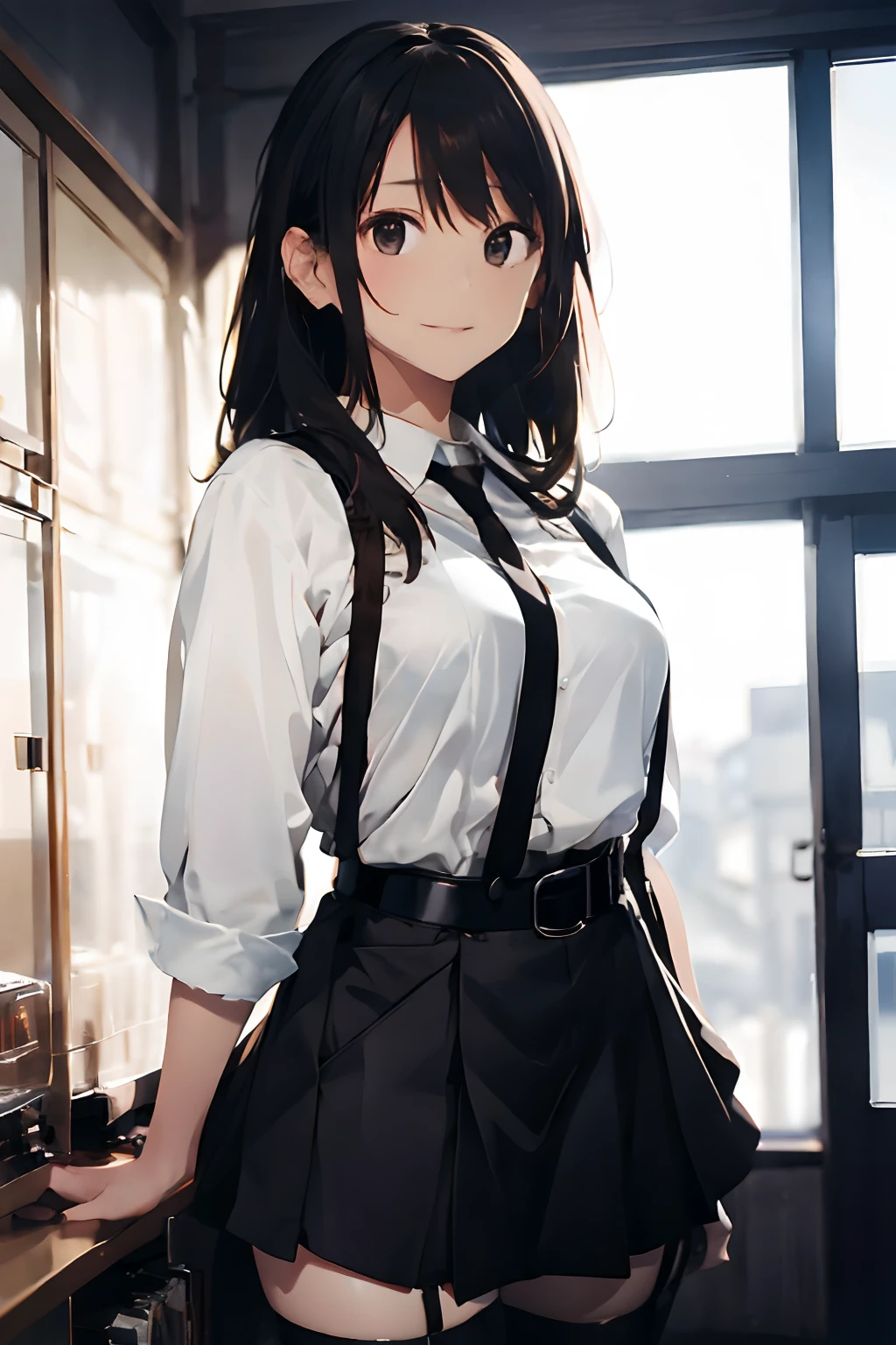 a black skirt, neck tie, white  shirt　suspenders, long brown hair　huge-breasted　White belt, Gray eyes, holster, Garter belt on the legs, Moderately breasts, hands above your head, Moderate, Pichi Pichi clothes, both sides