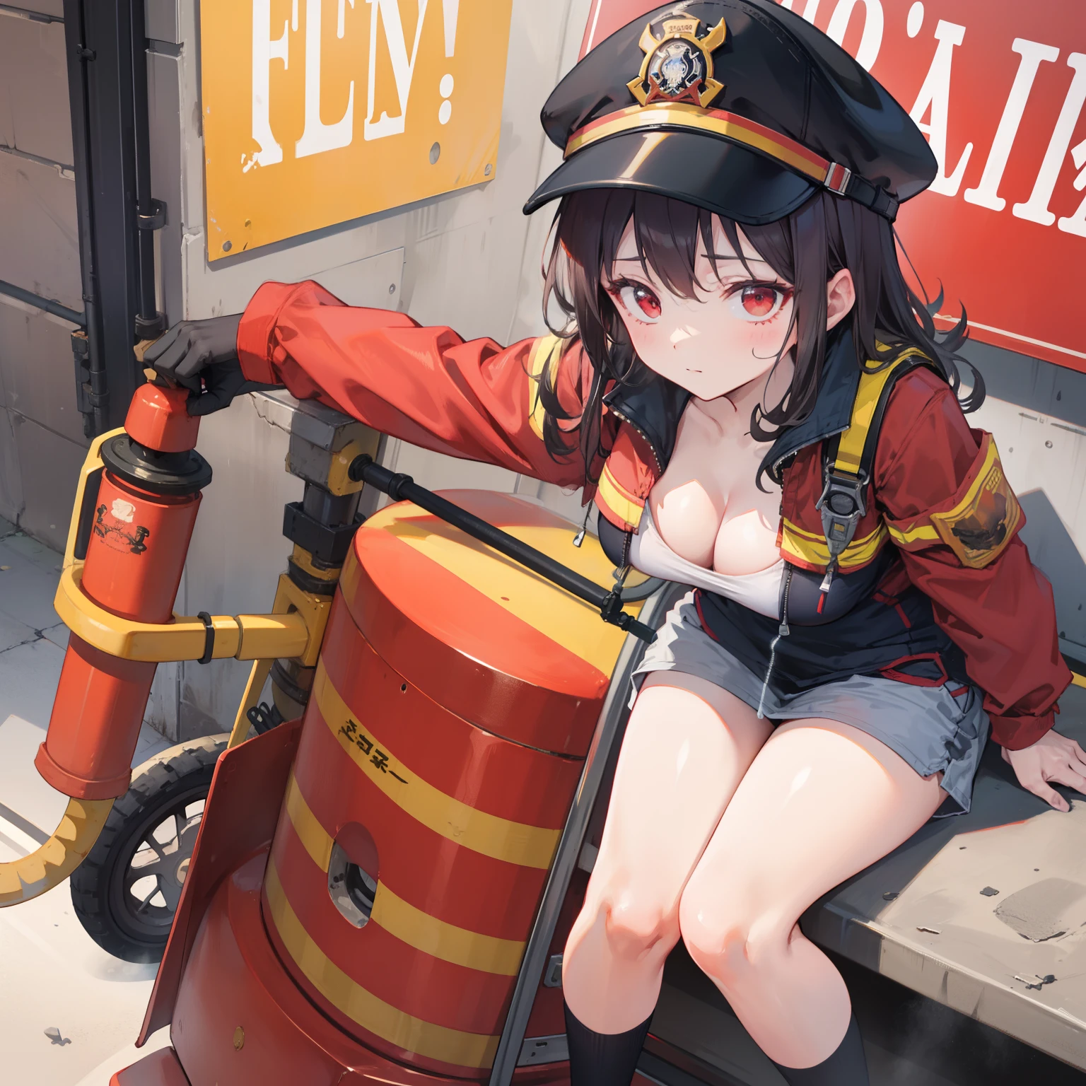 fireman，Lori huge breasts cleavage，Red eyes，Small size，firefighter suit，with dynamism，A fireproof cap covers half of the head