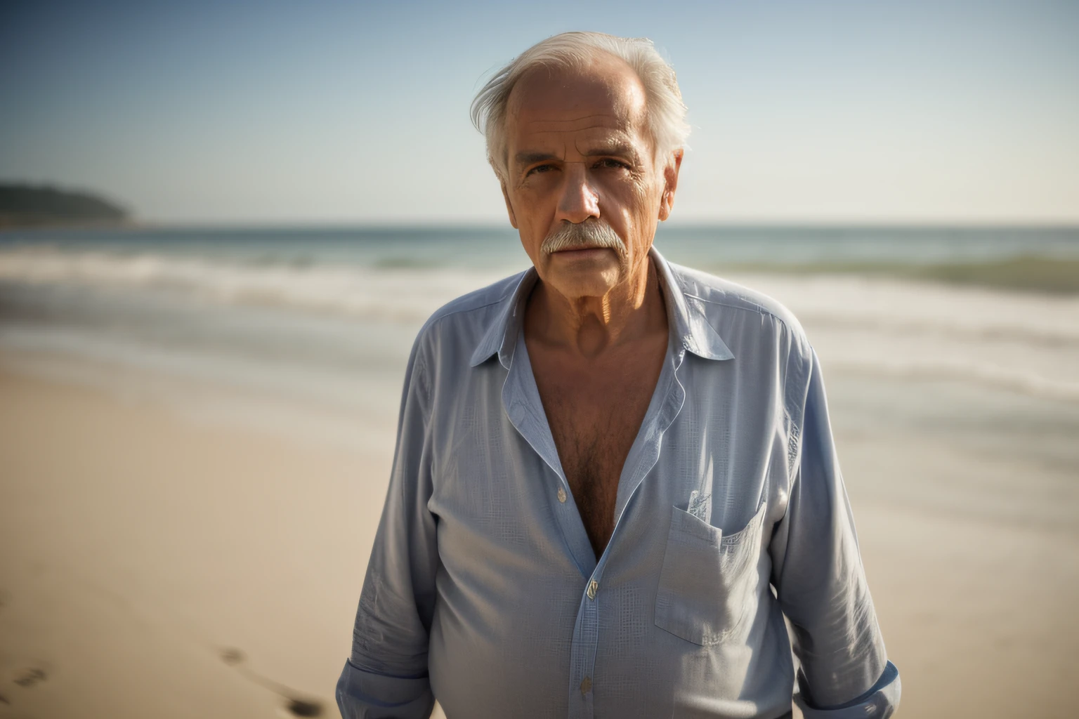 an older man standing on a beach in a blue shirt, um homem de 80 anos, foto do retrato de um homem velho, foto de um homem, Directed by: Daniel Ljunggren, O olhar de um idoso, uma foto de um homem, retrato do homem velho, cinematic portrayal, homem triste, Directed by: Etienne Delessert, 7 0 anos, um velho