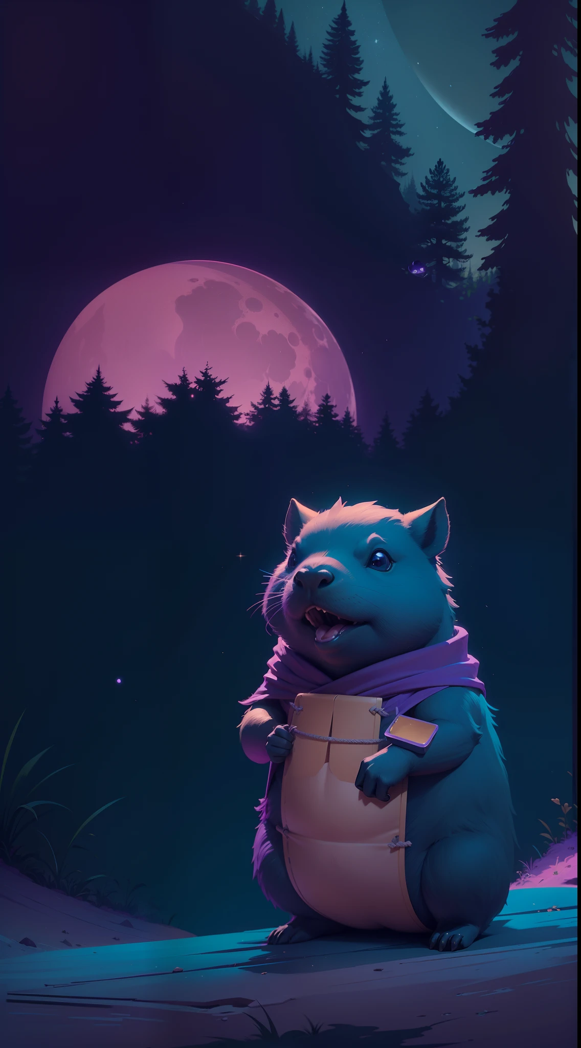 Create a vibrant dark fantasy cute ninja capybara in a clean-lined minimalistic cartoon style, in the background a beautiful forest and a bright purple moon, octane render, 8k