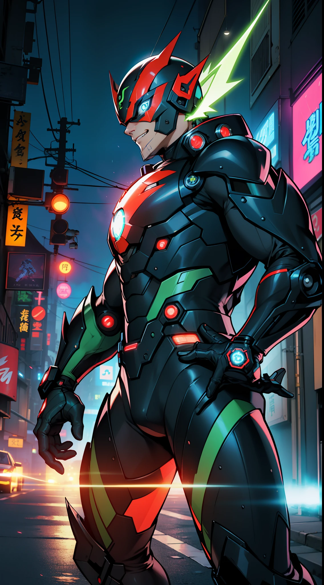 8K,Crisp contours、Clear solid line、Ninja、Electromechanical、silhuette、cyberpunked、A logo、mechanic、heroic、traffic jam、knifes、Vivid Color、Back alley、Luminous Eyes、Flying shurikens、Acrobatic poses、One Ninja、Aura of green flame、A Japanese style、TOKYOcty、Neon Street、masks、Luminous Eyes、Activate the jutsu、The afterimage of movement is expressed in neon colors.、Crazy smiling ninja、Kamen Rider、Heisei Rider、Heisei Kamen Rider、Reiwa Rider、Reiwa Kamen Rider、ironman、ULTRAMAN,battle suits、Mechanical armor、glossmetallic luster、Body that glows in vivid color、Vivid color aura、Full-face helmet、Eyes that glowed white、muffler、Muffler fluttering in the vivid color wind、android、